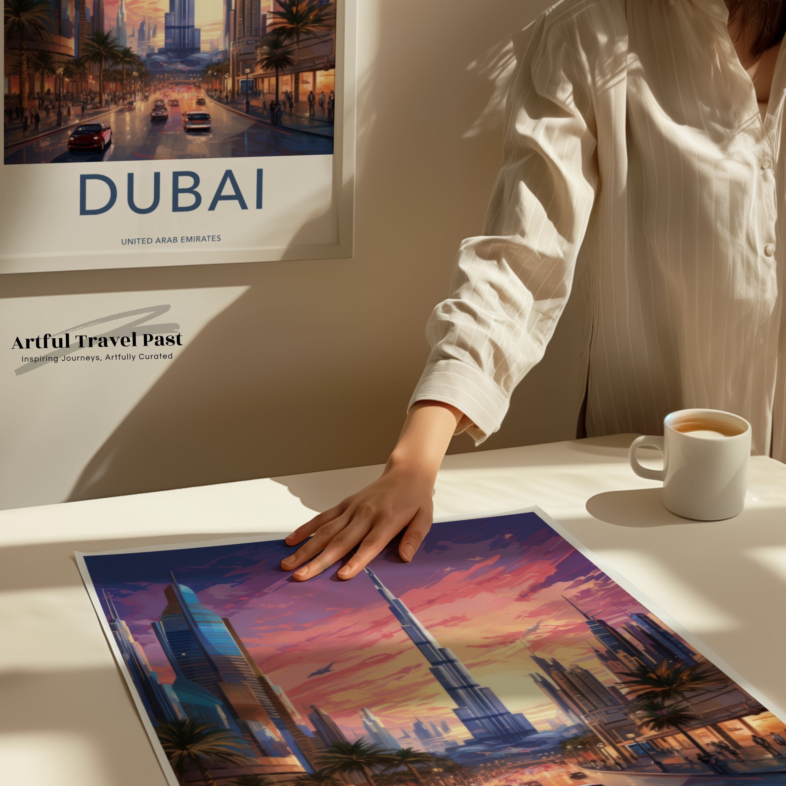 Dubai Skyline Framed Poster, Vibrant Cityscape Wall Art, Modern Architectural Decor, Dubai at Sunset, UAE Art Print, Iconic Landmark Print