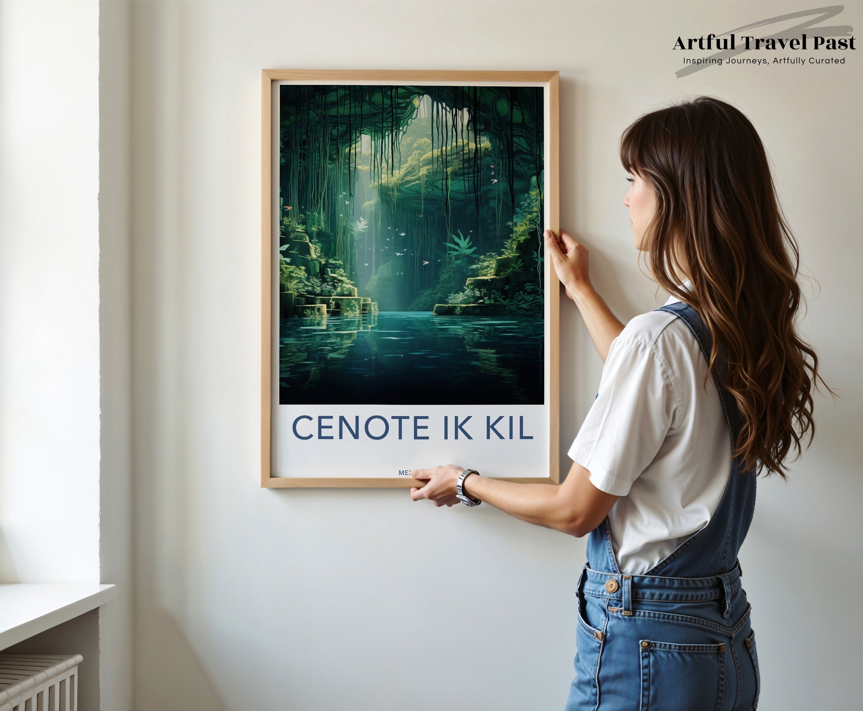 Cenote Ik Kil Framed Poster, Mexican Natural Wonder Art Print, Scenic Nature Wall Decor, Beautiful Water Cave Illustration, Travel Home