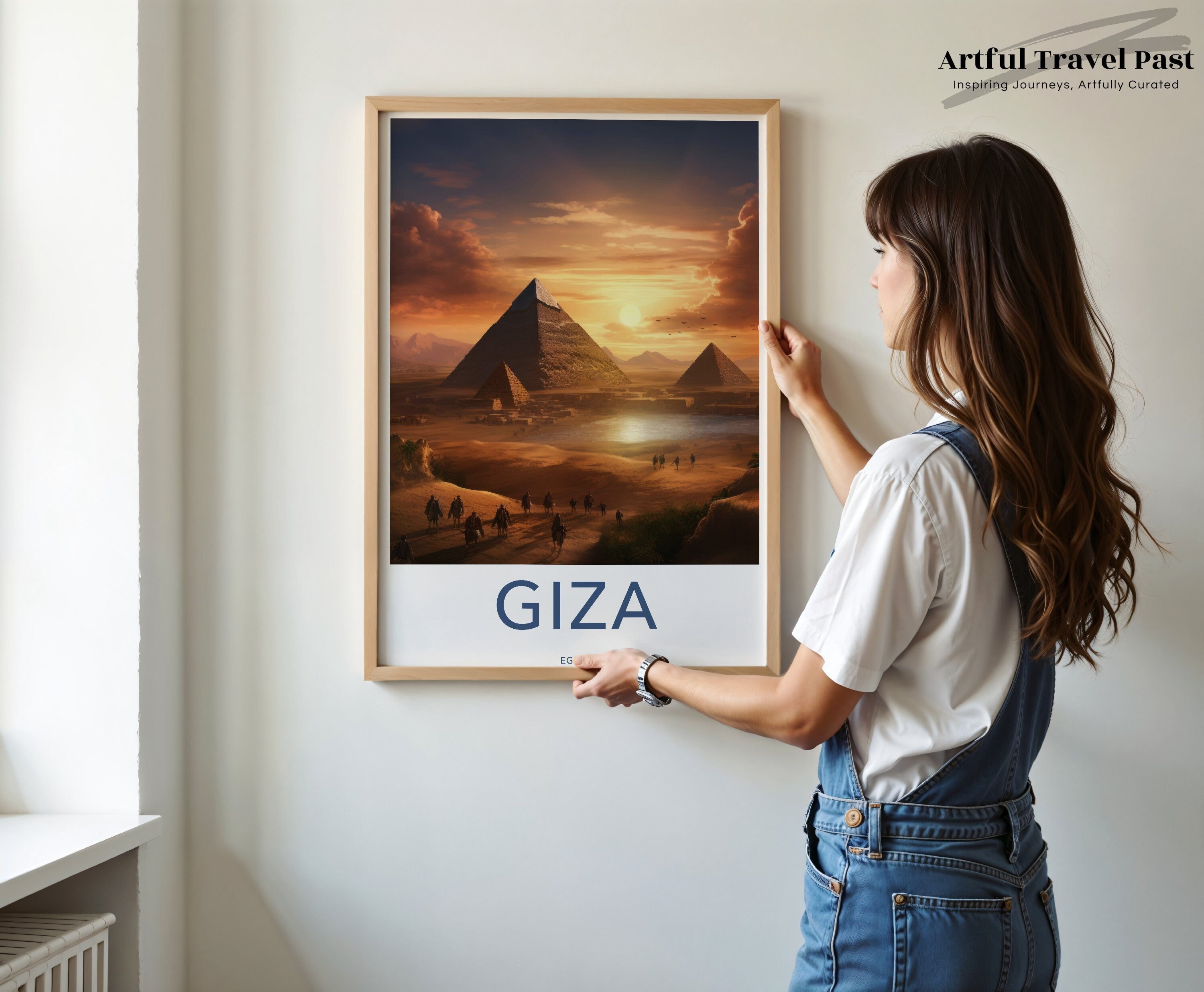 Giza Egypt Framed Poster, Pyramids at Sunset Wall Art, Ancient Pyramids Home Decor, Historical Giza Landscape Print