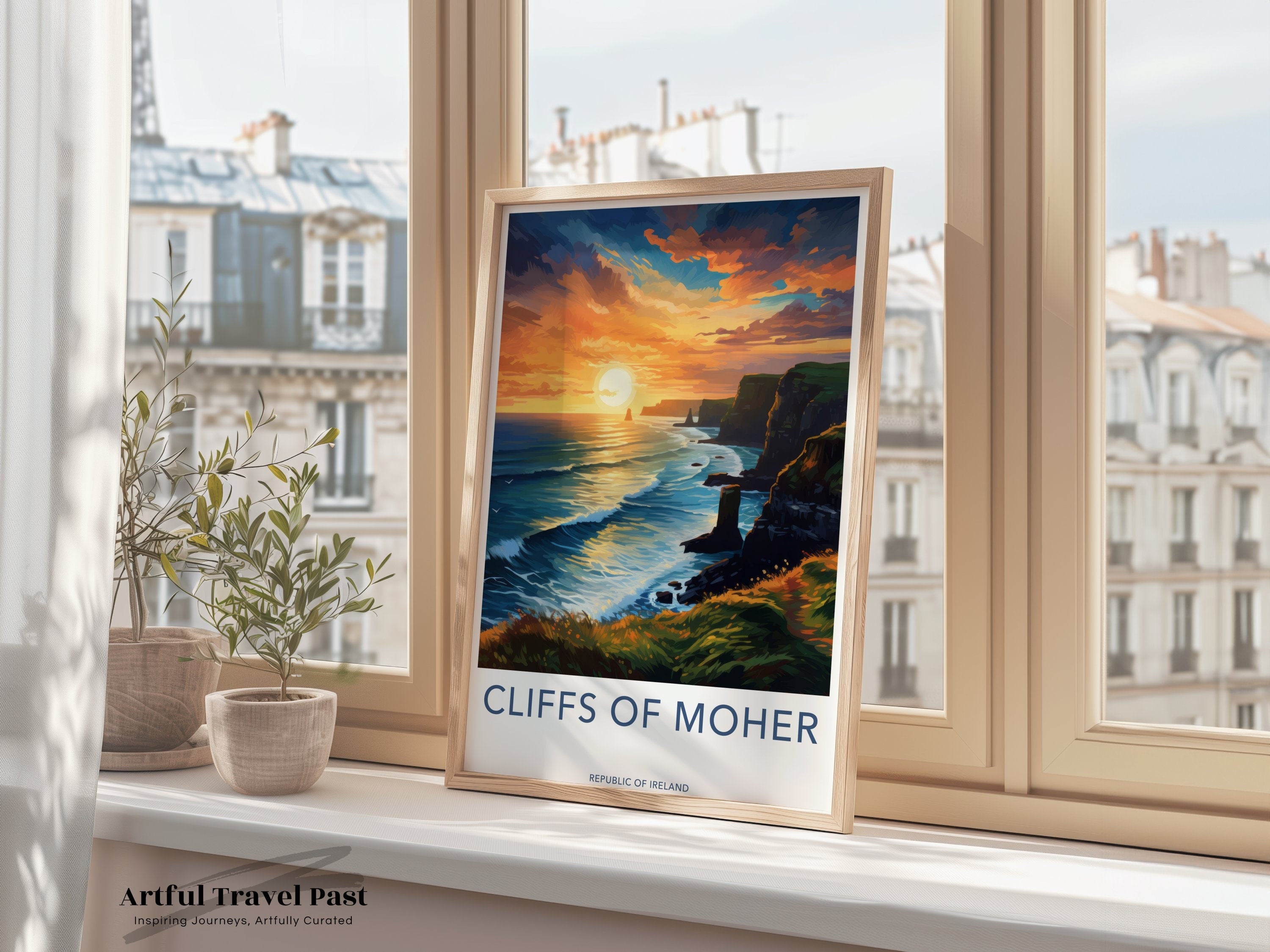 Cliffs of Moher Framed Poster, Ireland Coastal Landscape Wall Art, Ocean Sunset Print, Scenic View Decor, Travel Souvenir, Gift Idea