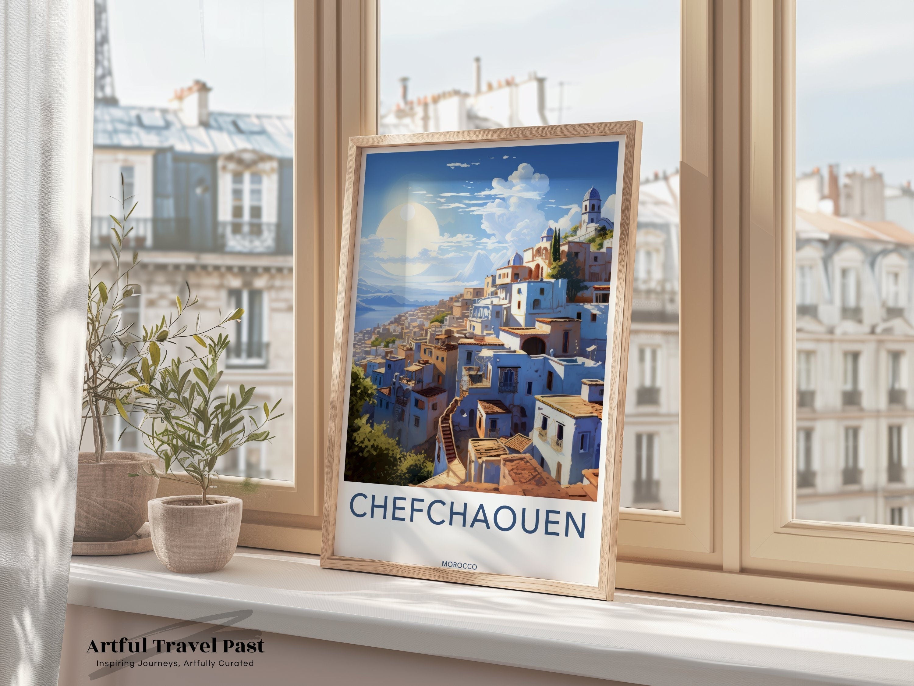 Chefchaouen Framed Poster, Blue City Wall Art, Moroccan Cityscape, Vibrant Urban Landscape, Mediterranean Decor