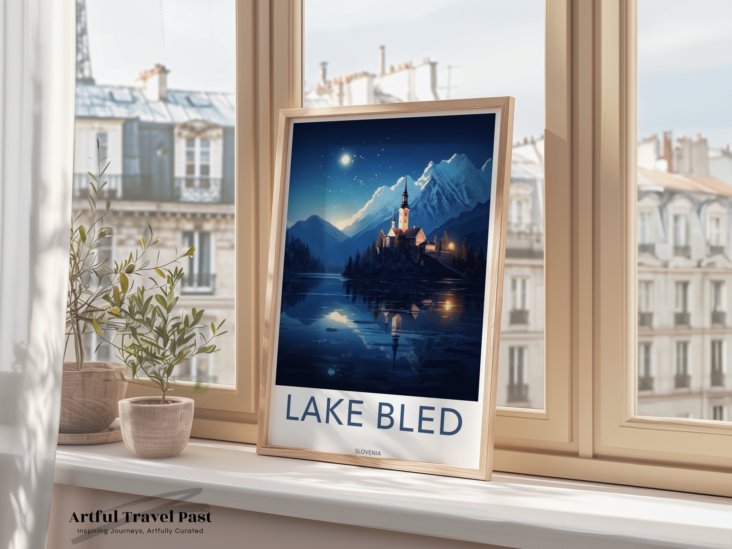 Lake Bled Travel Poster, Slovenia Wall Art Decor, Scenic Lake Bled Art Print, Vintage Travel Poster, Lake Bled Mountain Retreat