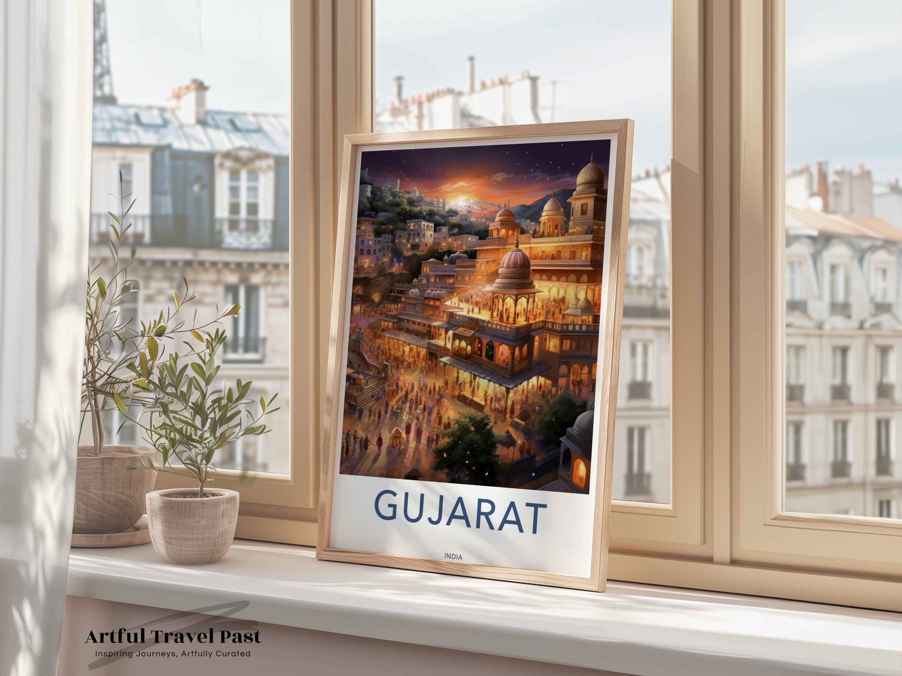 Gujarat India Framed Poster, Historic Landmarks, Iconic Indian Architecture, Vibrant Cultural Scene, Sunset Cityscape Print