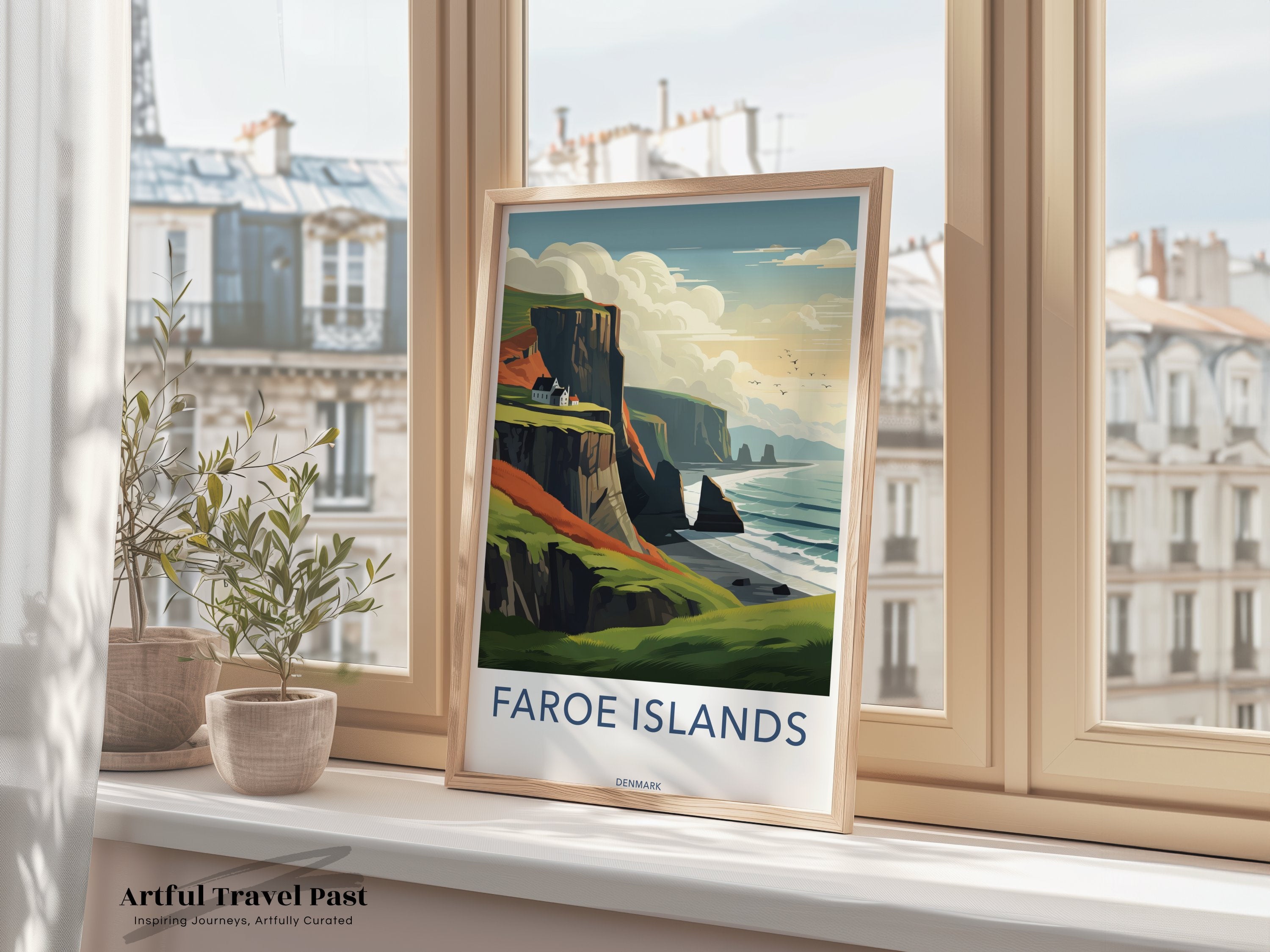 Faroe Islands Framed Poster, Denmark Coastal Landscape Art, Nordic Scenic Beauty Wall Decor, Nature Inspired Artwork for Home