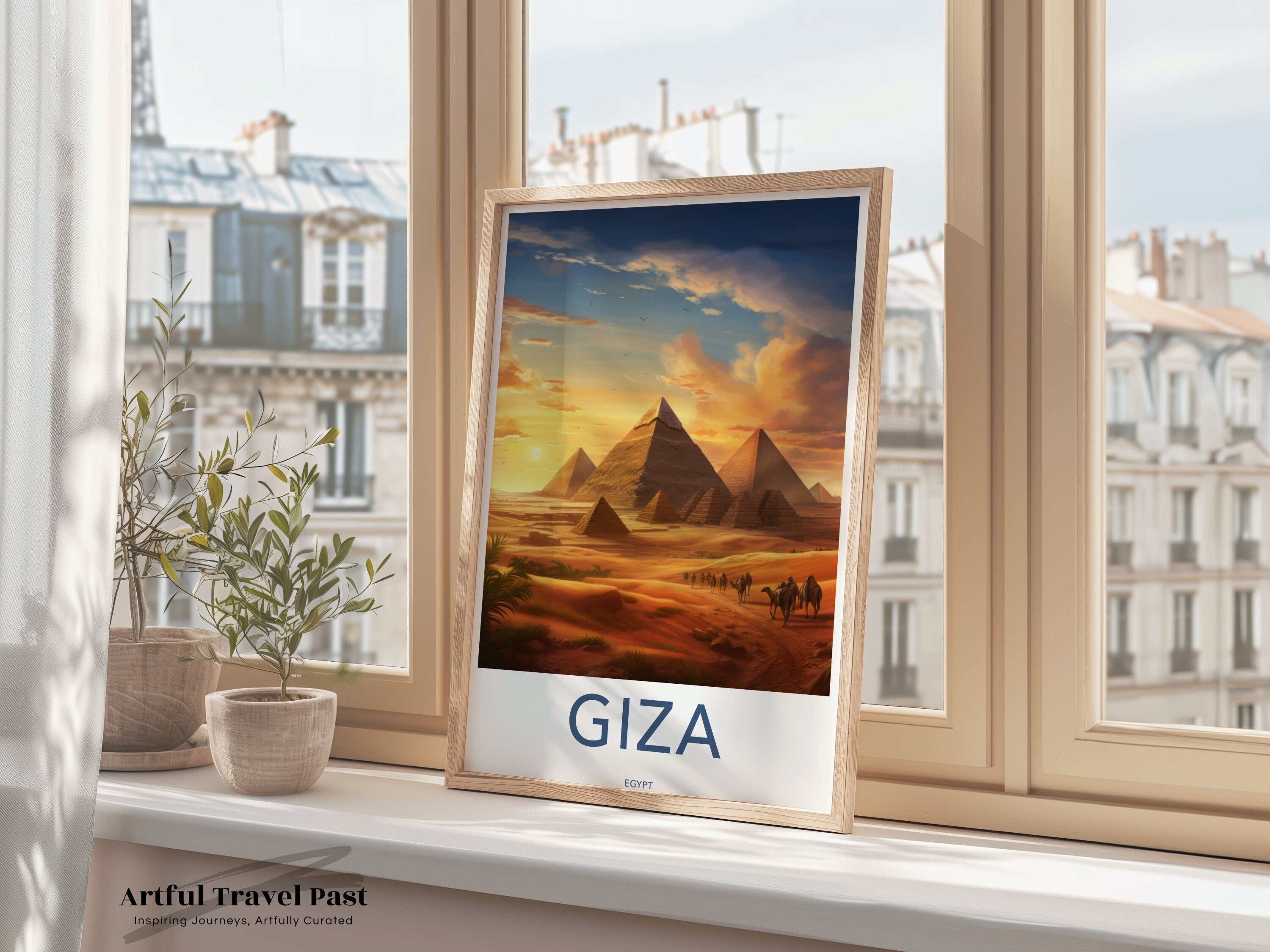 Giza Pyramids Art, Sunset Poster, Egyptian Landscape Wall Decor, Travel Photography Print, Historic Egypt Art, Framed Poster, Home Decor