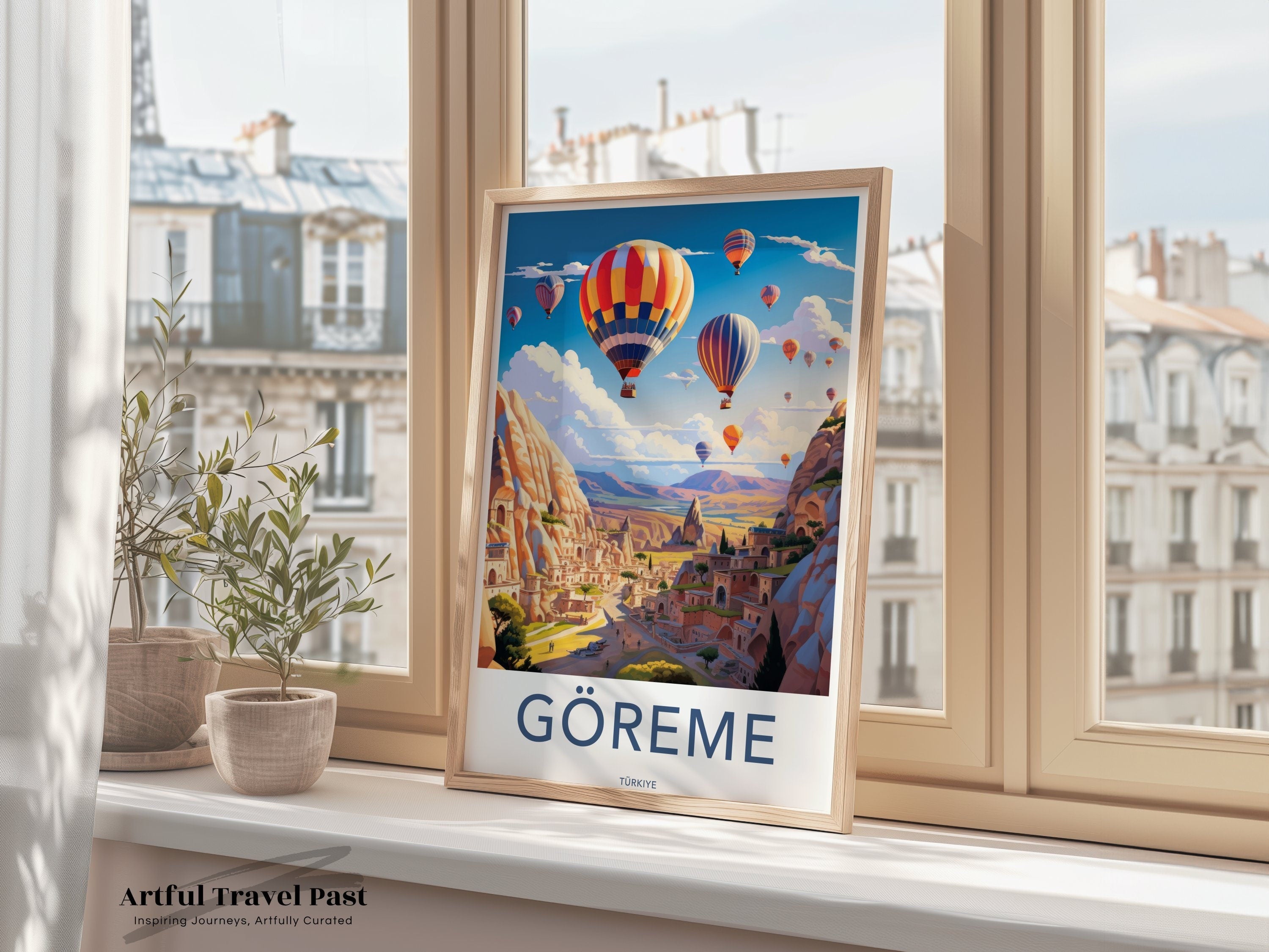 Göreme Travel Poster, Hot Air Balloon Wall Art, Turkish Landscape Print, Göreme Valley Art, Scenic Turkey Decor, Framed Art Poster