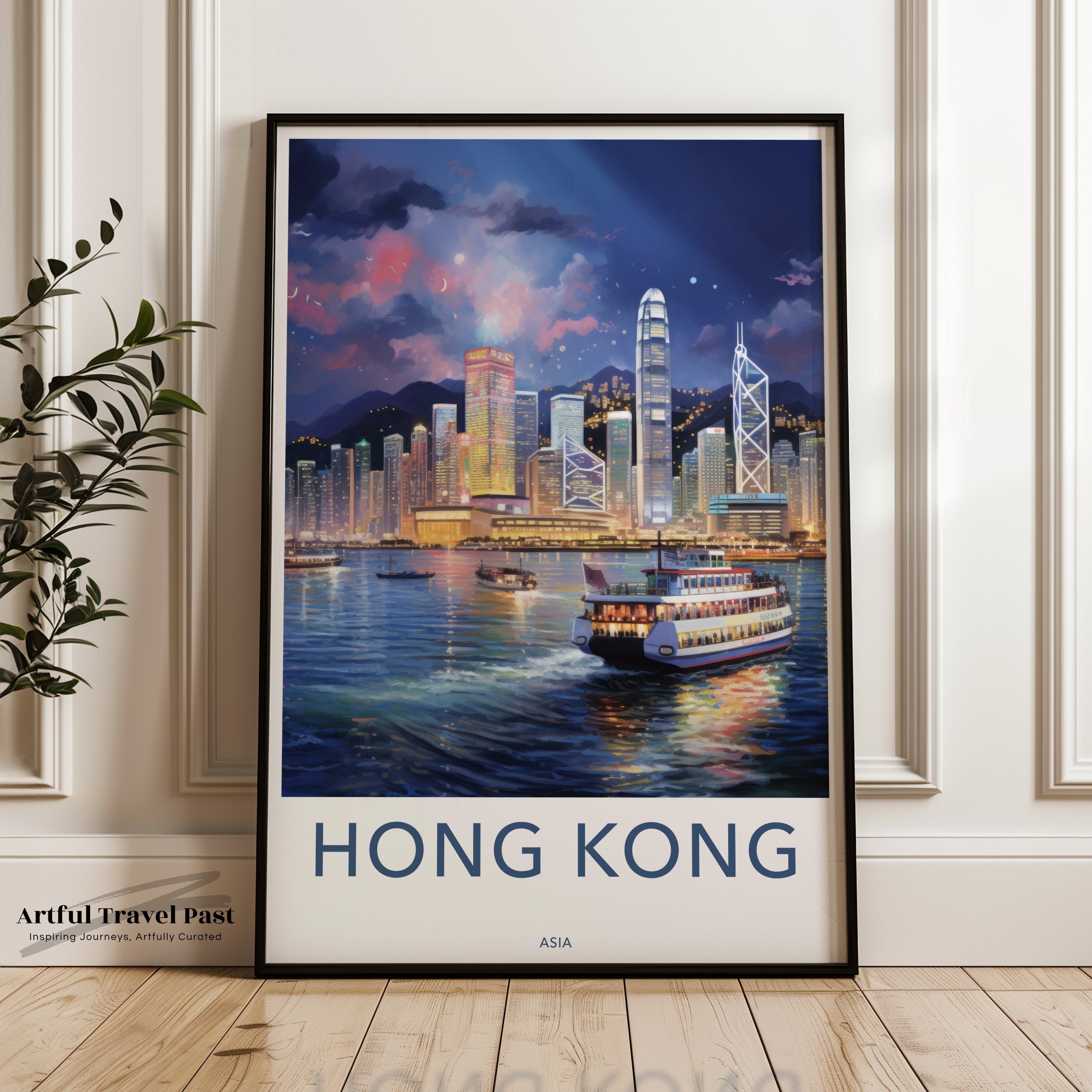 Hong Kong Framed Poster, Stunning Cityscape Wall Art, Skyline Decor, Illuminated Night Scene, High-Rise Buildings, Harbor View