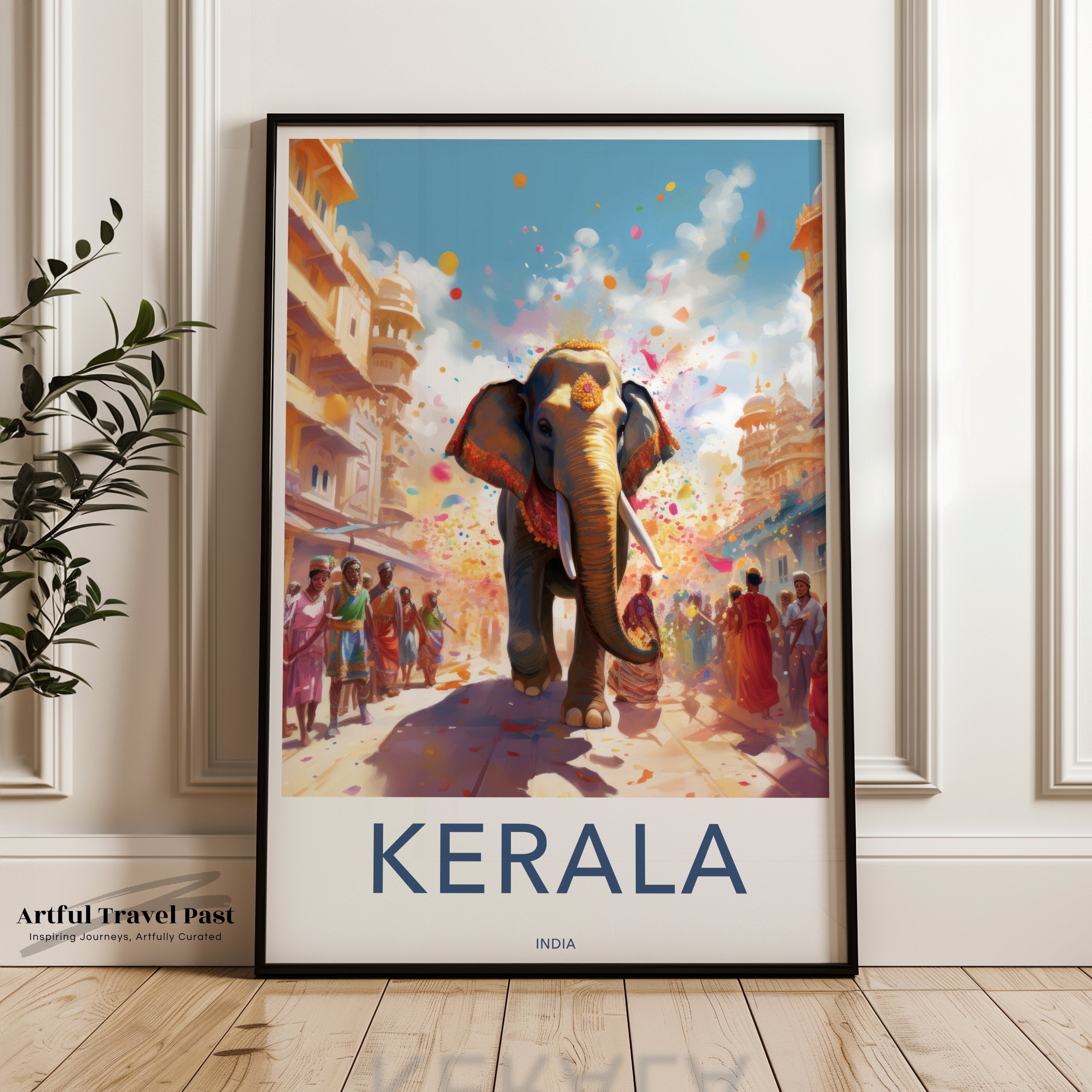 Kerala India Wall Art, Vibrant Elephant Parade Artwork, Cultural Indian Decor, Colorful Festive Print, Traditional Asian Painting