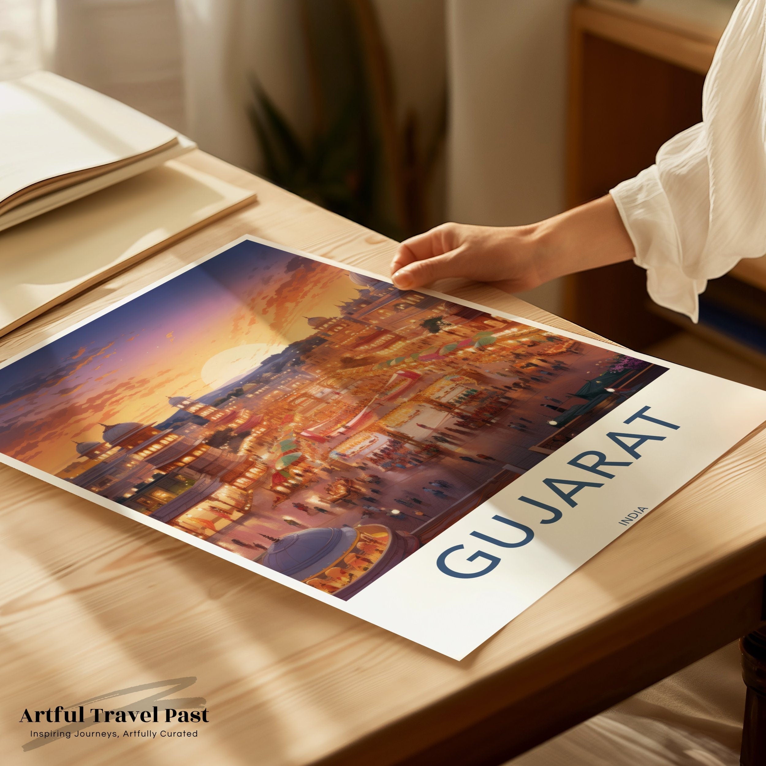 Vibrant Gujarat Framed Poster, Sunset Over Gujarat Cityscape Wall Art, Indian Market Scene, Historical and Cultural Decor