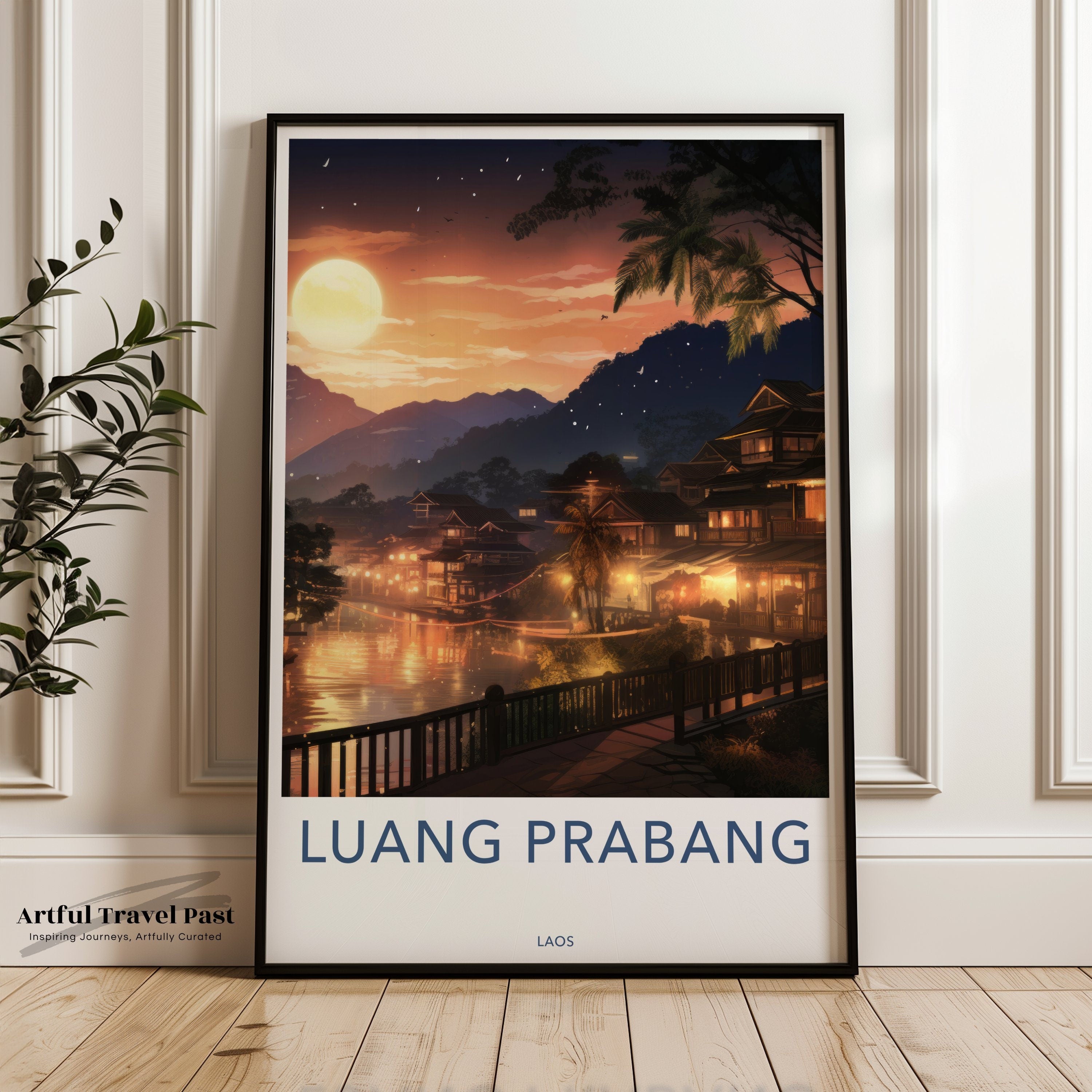 Luang Prabang Wall Art, Sunset Over Cultural Heritage, Scenic Landscape Poster, Lao Architectural Wonders, Tranquil River View