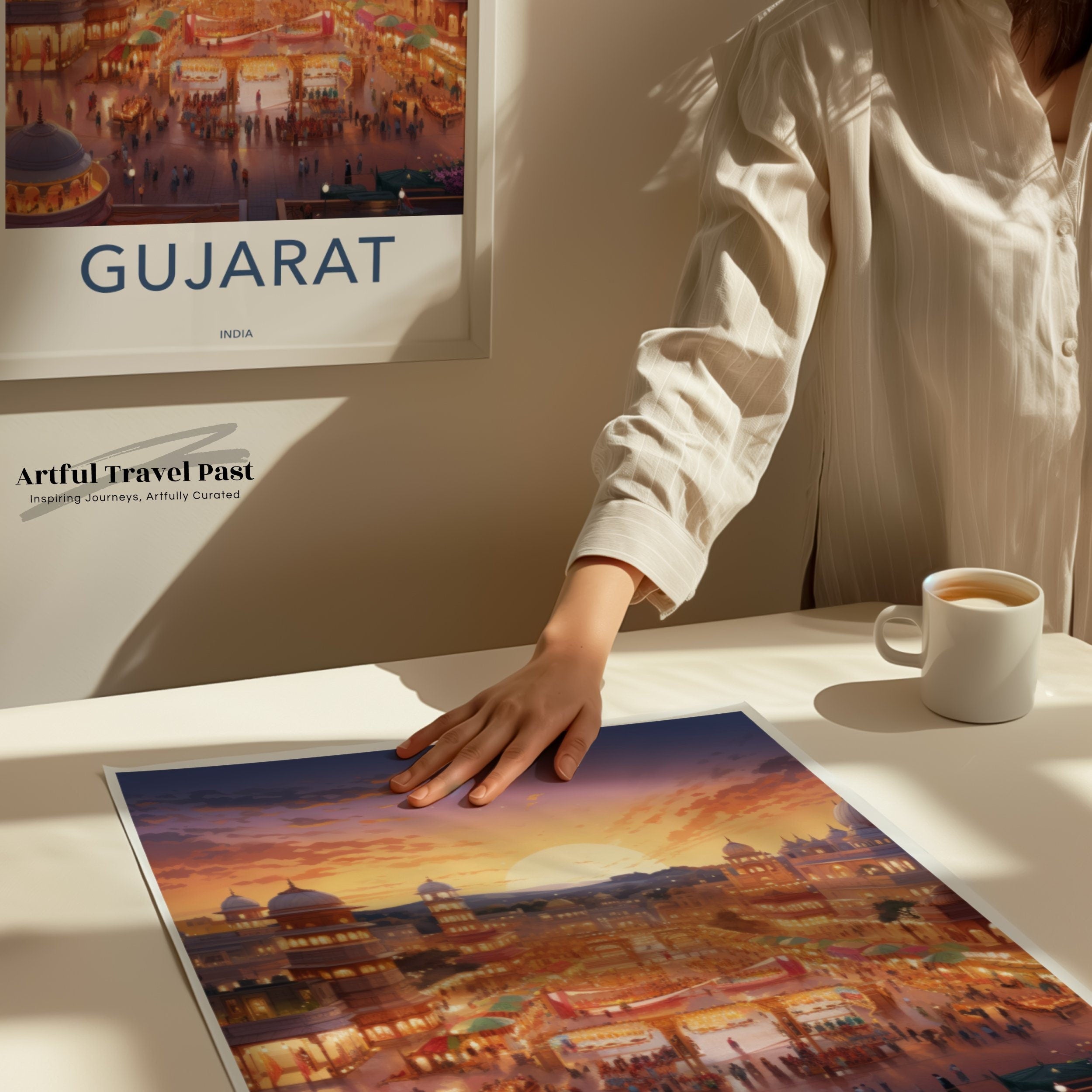 Vibrant Gujarat Framed Poster, Sunset Over Gujarat Cityscape Wall Art, Indian Market Scene, Historical and Cultural Decor