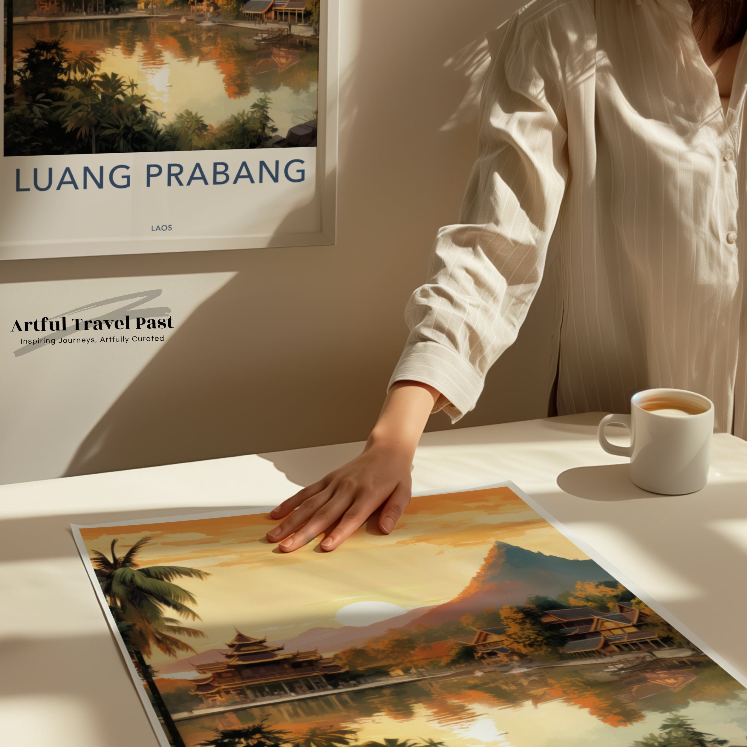 Luang Prabang Wall Art Print, Laos Travel Poster, Vintage Travel Decor, Southeast Asia Artwork, Scenic Sunset Illustration, Cultural