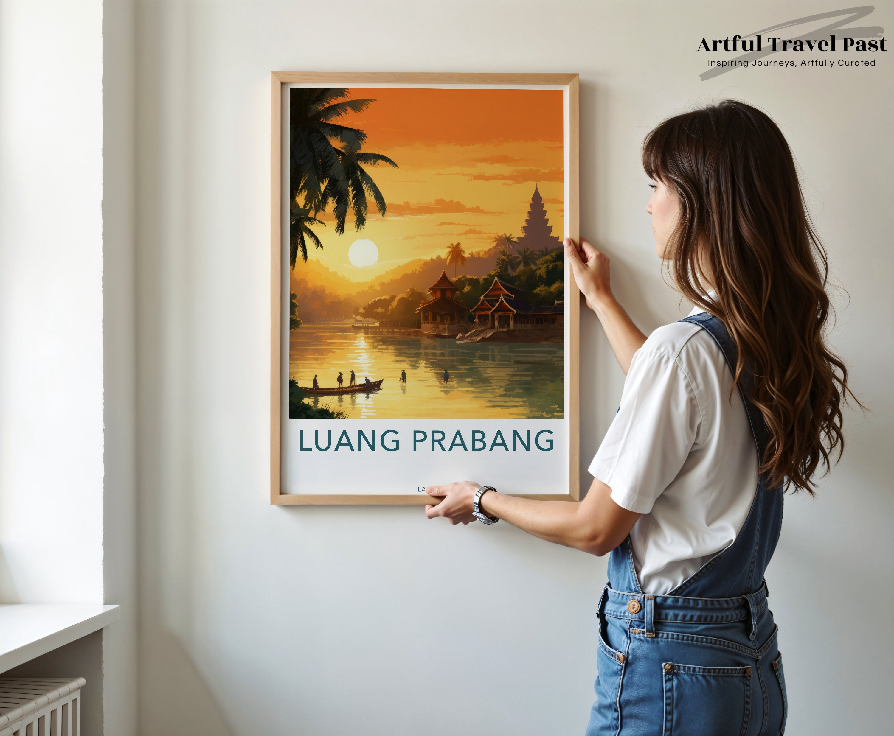 Luang Prabang Wall Art, Sunset River View, Southeast Asia Print, Cultural Landmark Decor, Vintage Travel Poster, Historical City Scene