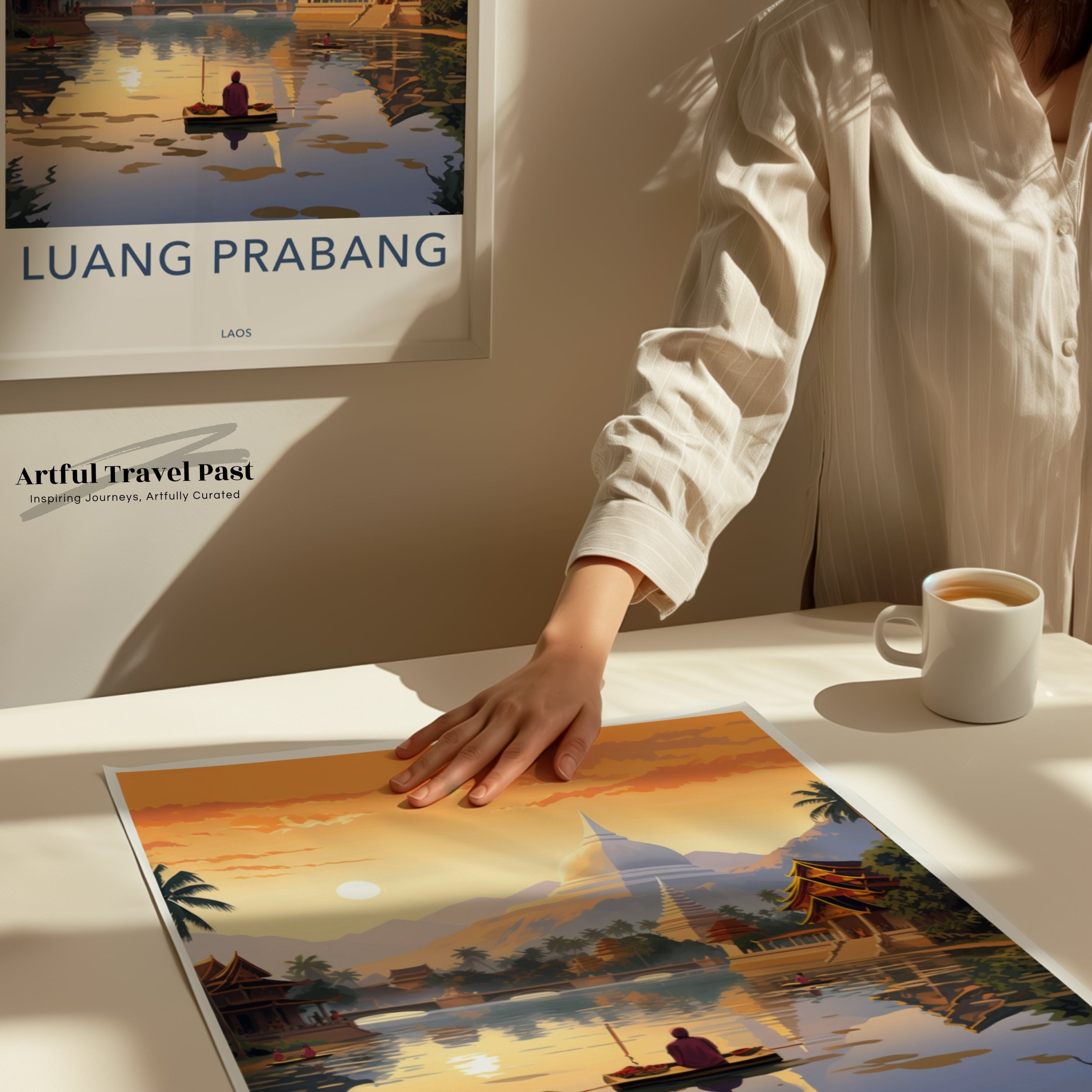 Luang Prabang Laos Wall Art, Sunset Scenery, Cultural Landmark Print, Tranquil River View, Southeast Asia Travel Decor