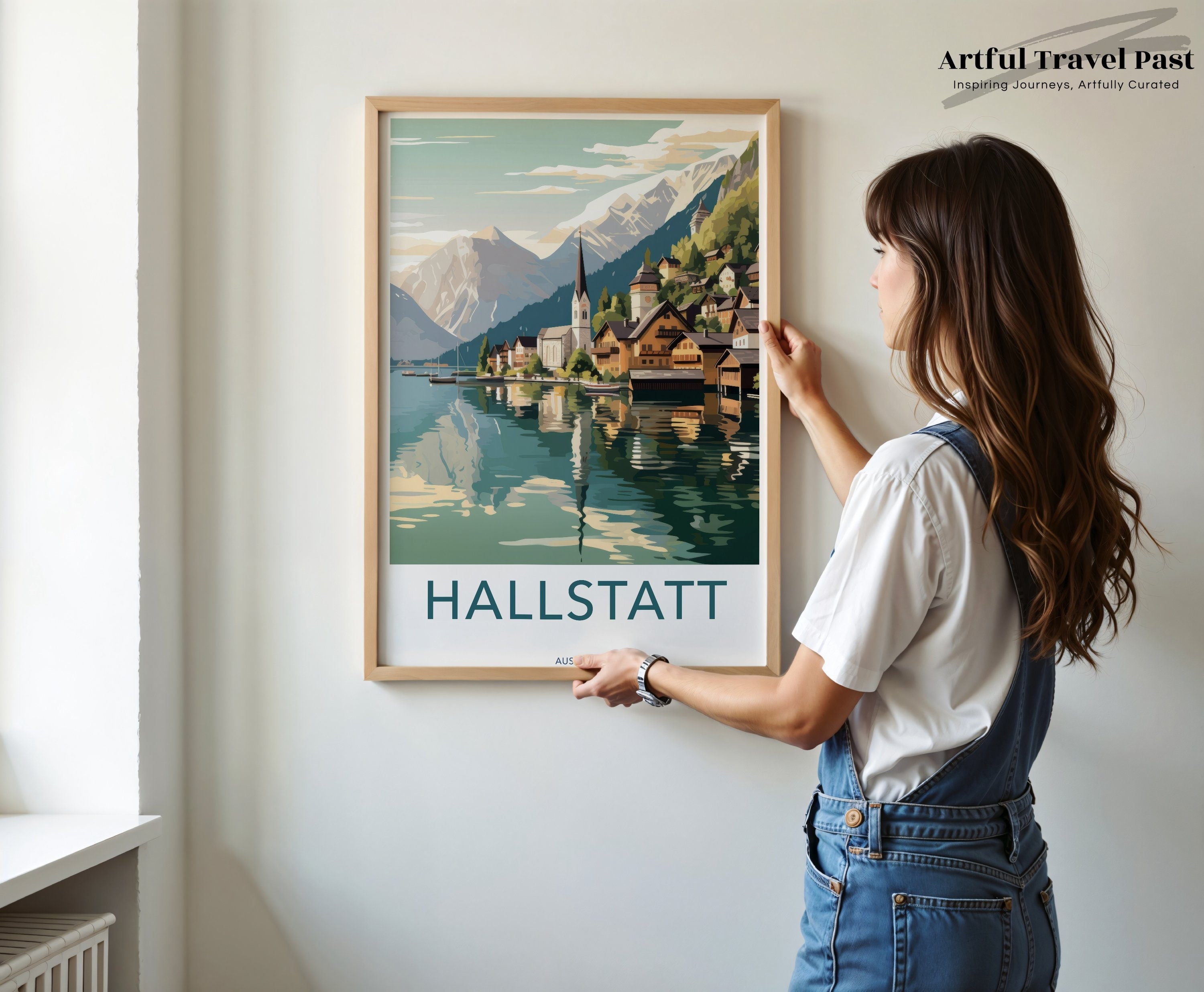 Hallstatt Austria Framed Poster, Scenic Village Landscape Wall Art, Charming Lake Reflection, European Travel Decor, Beautiful Mountain View