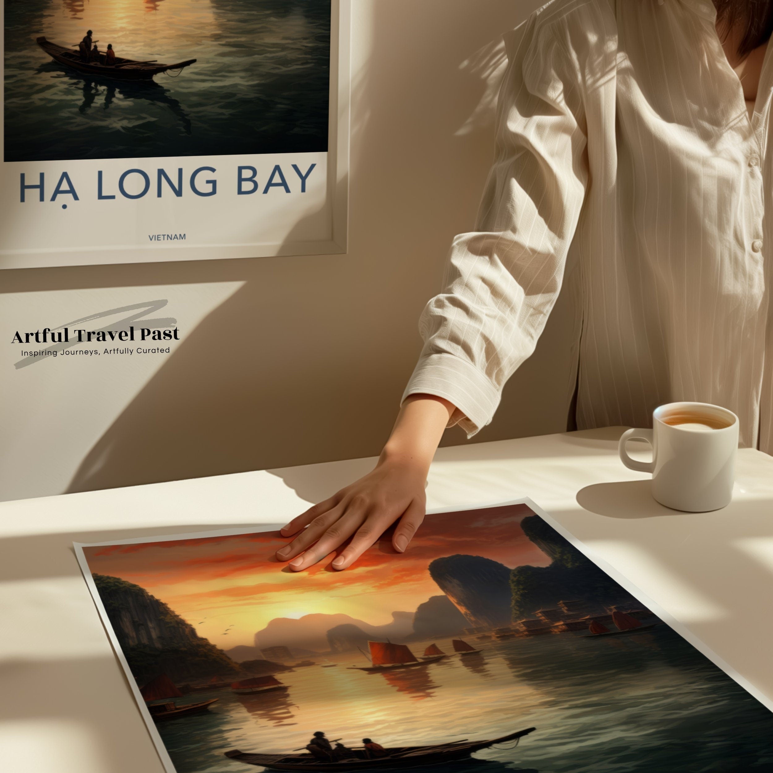 Ha Long Bay Framed Poster, Sunset Over Ha Long Bay Wall Art, Vietnamese Landscape Print, Scenic Coastal Decor, Room Aesthetic