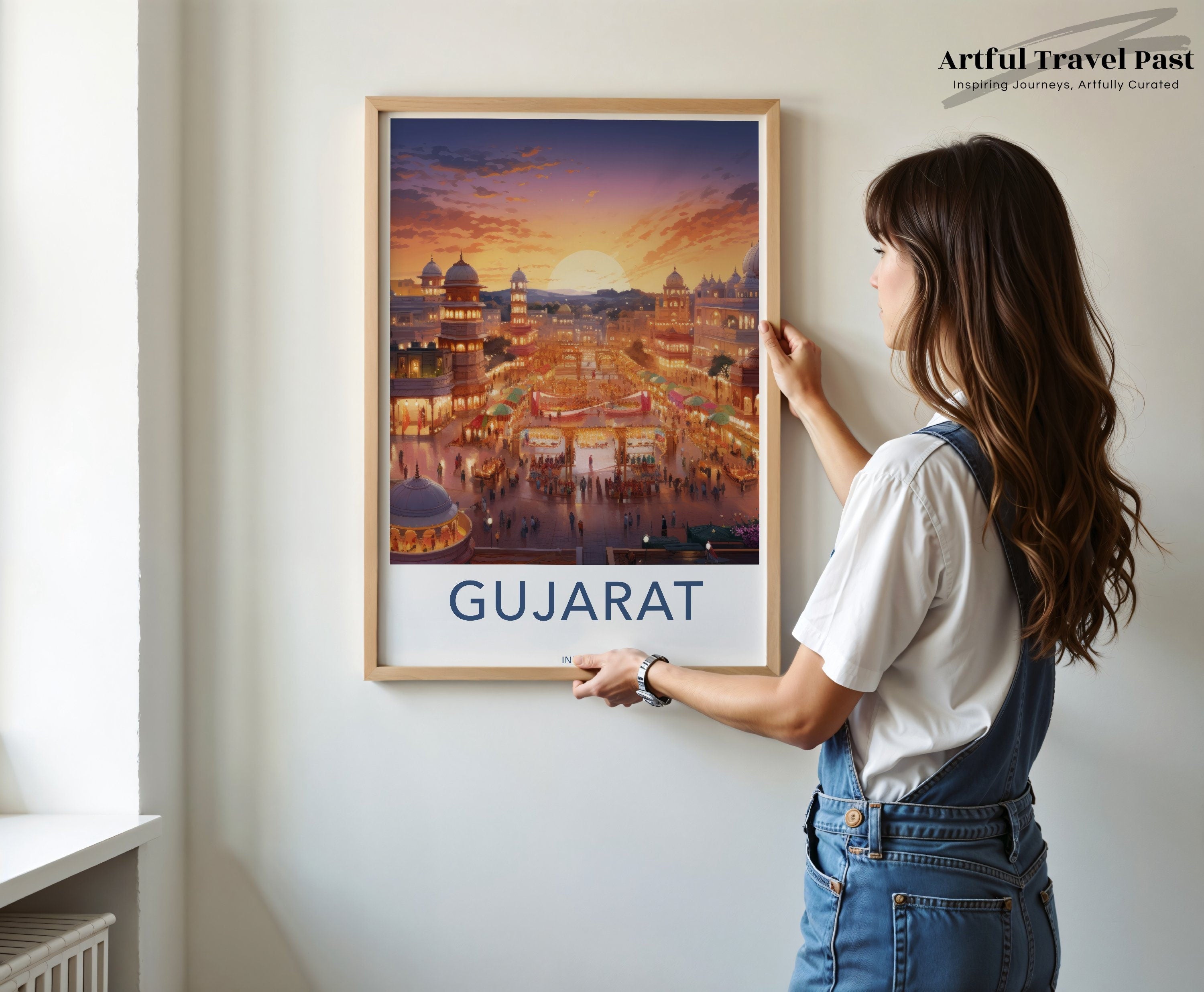 Vibrant Gujarat Framed Poster, Sunset Over Gujarat Cityscape Wall Art, Indian Market Scene, Historical and Cultural Decor