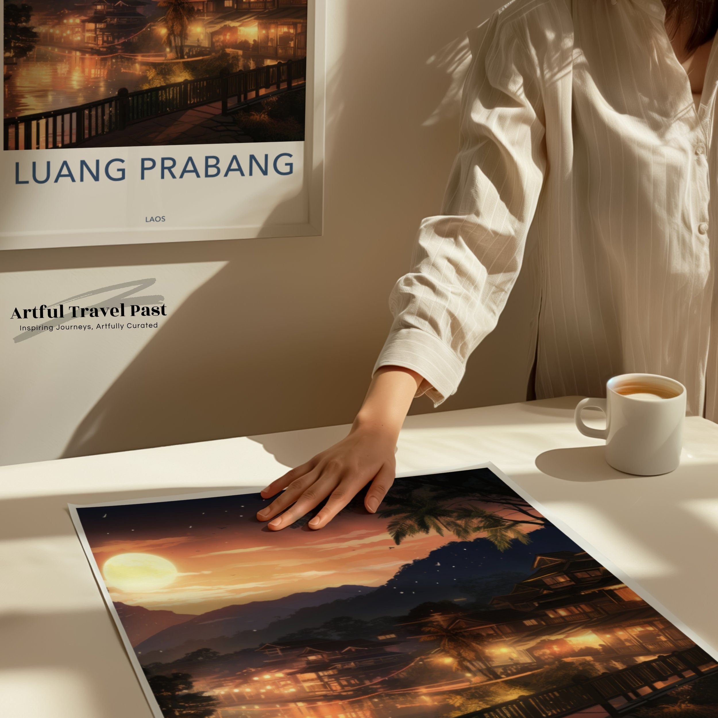 Luang Prabang Wall Art, Sunset Over Cultural Heritage, Scenic Landscape Poster, Lao Architectural Wonders, Tranquil River View