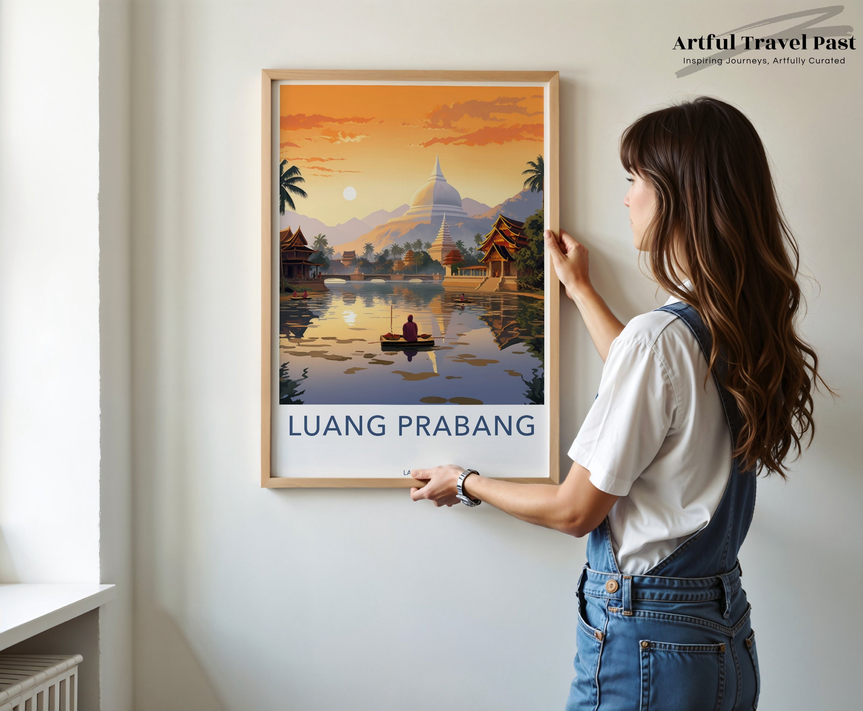 Luang Prabang Laos Wall Art, Sunset Scenery, Cultural Landmark Print, Tranquil River View, Southeast Asia Travel Decor