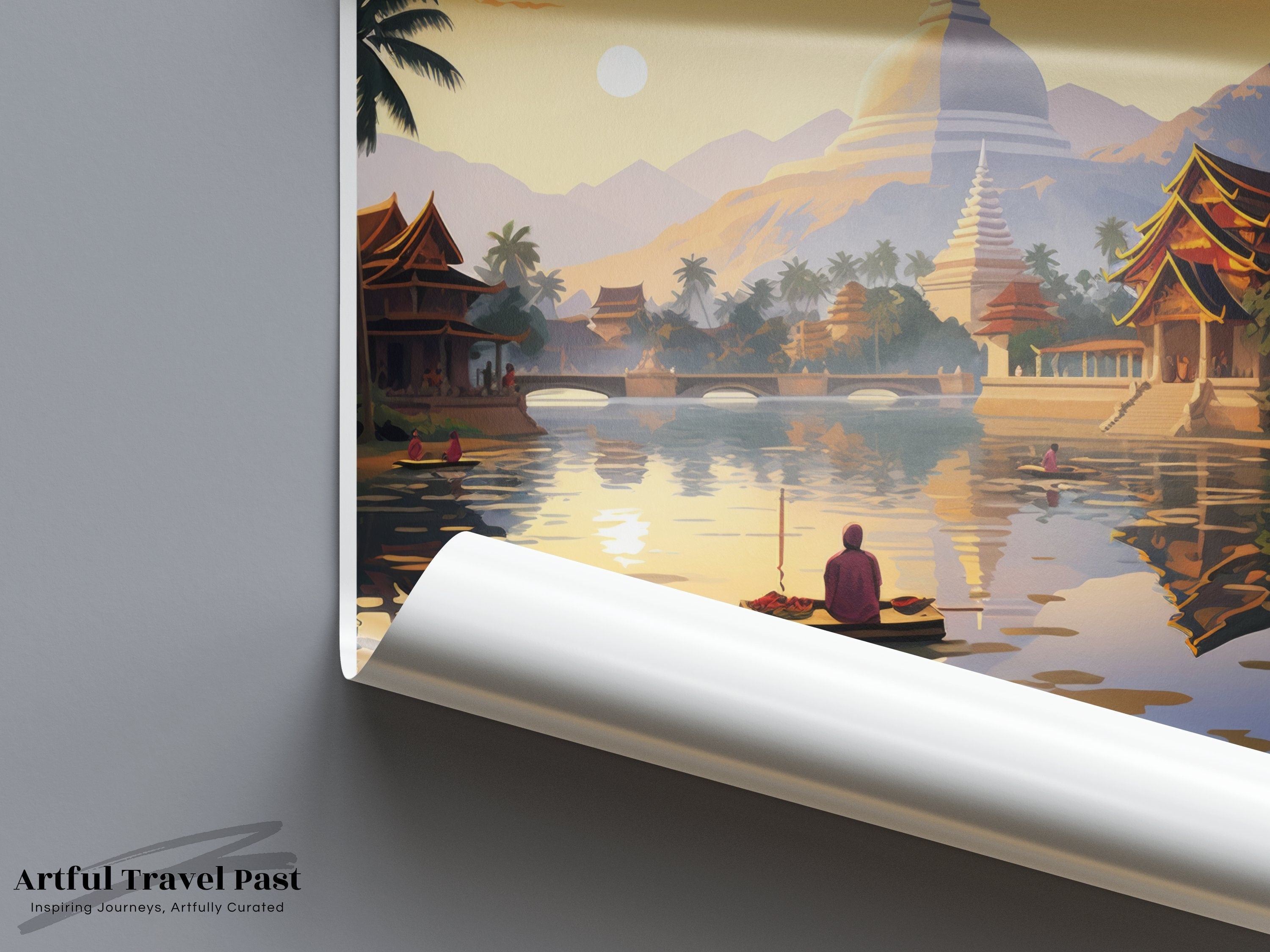 Luang Prabang Laos Wall Art, Sunset Scenery, Cultural Landmark Print, Tranquil River View, Southeast Asia Travel Decor