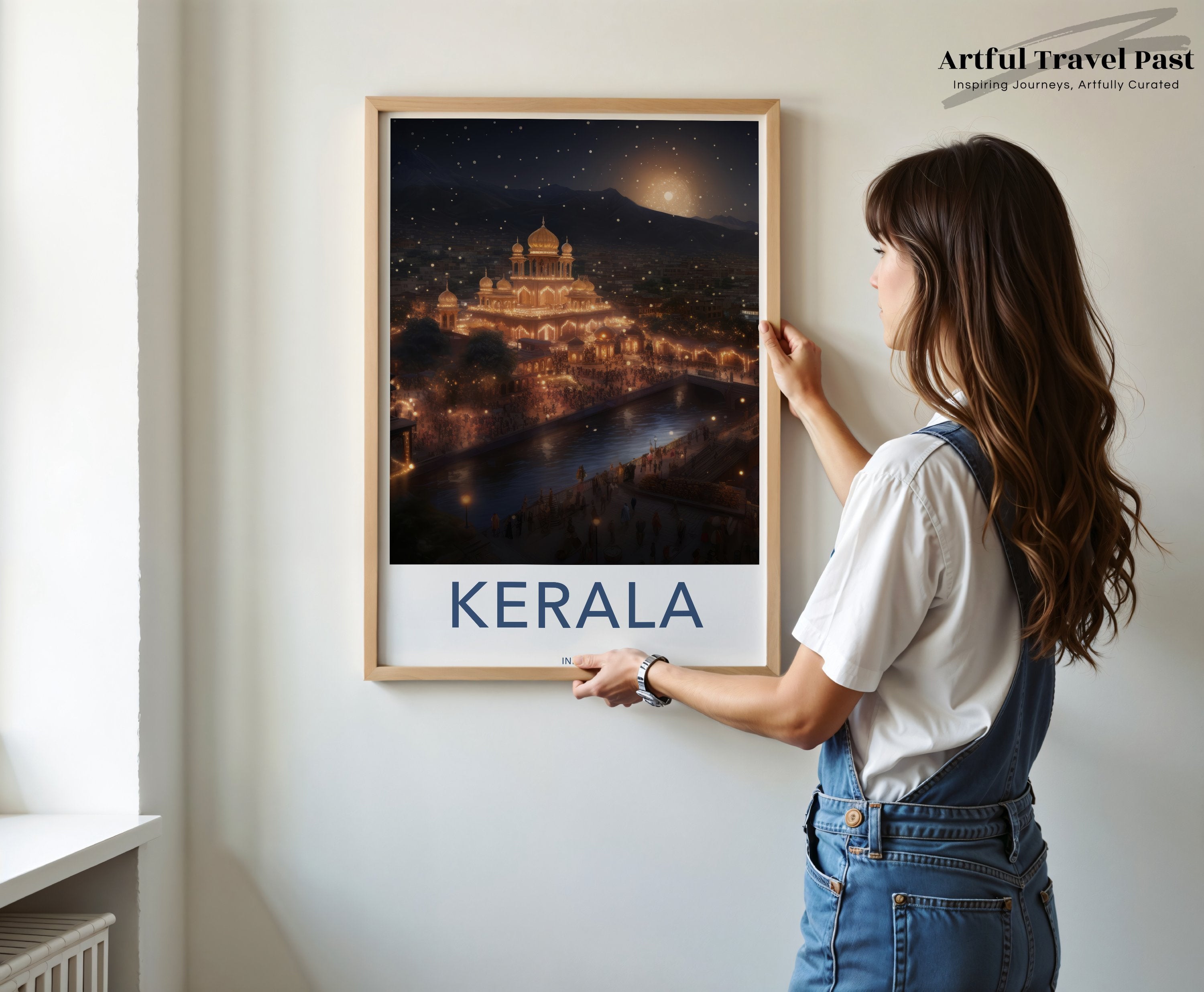 Kerala India Wall Art Print, Nighttime Artwork with Illuminated Temple, Cultural Landmark Decor, Indian Heritage Poster, Scenic View