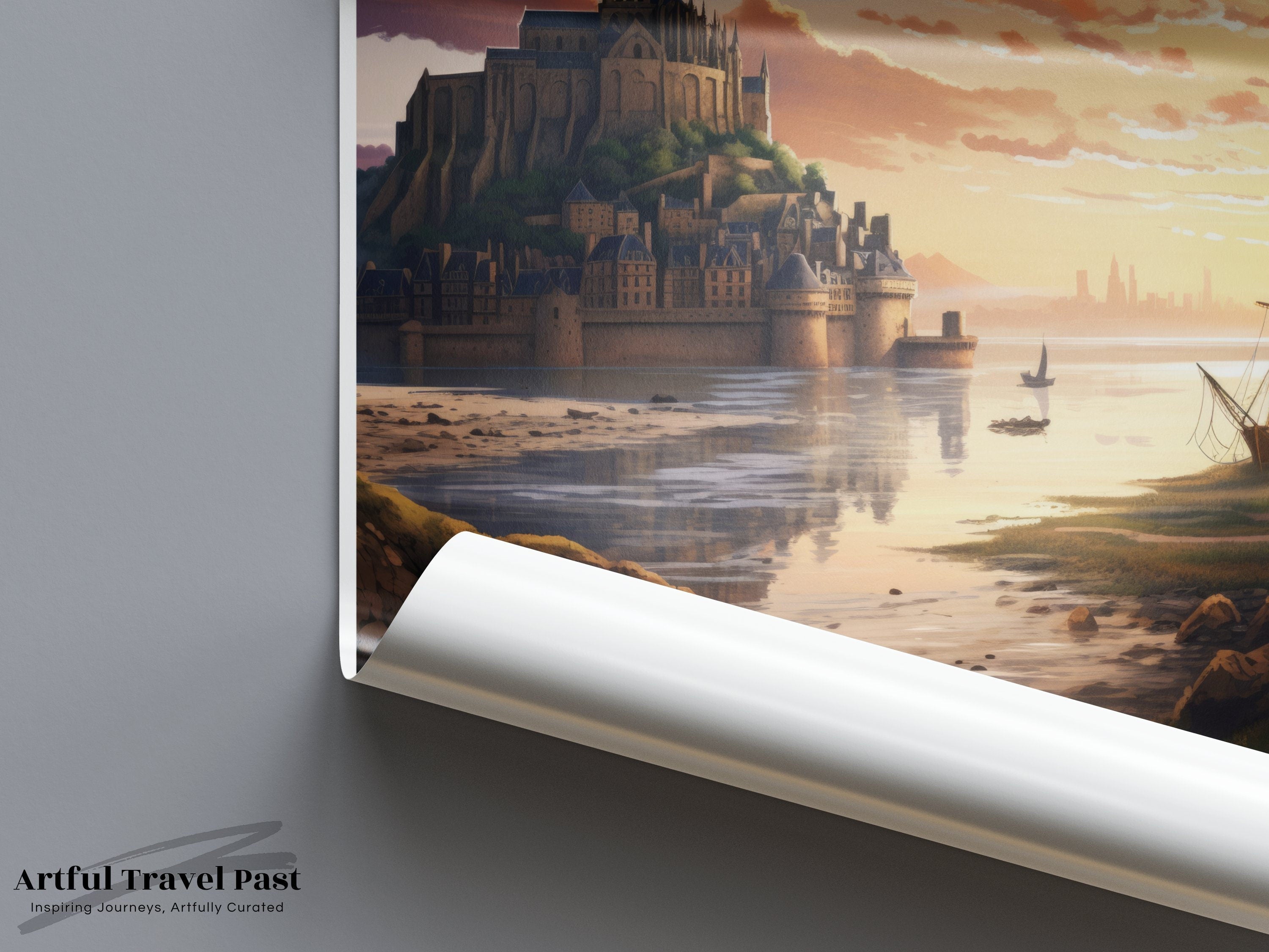 Mont Saint-Michel Castle Sunset, Historical Coastal French Landmark, Scenic Landscape Wall Art, Stunning Architecture Poster