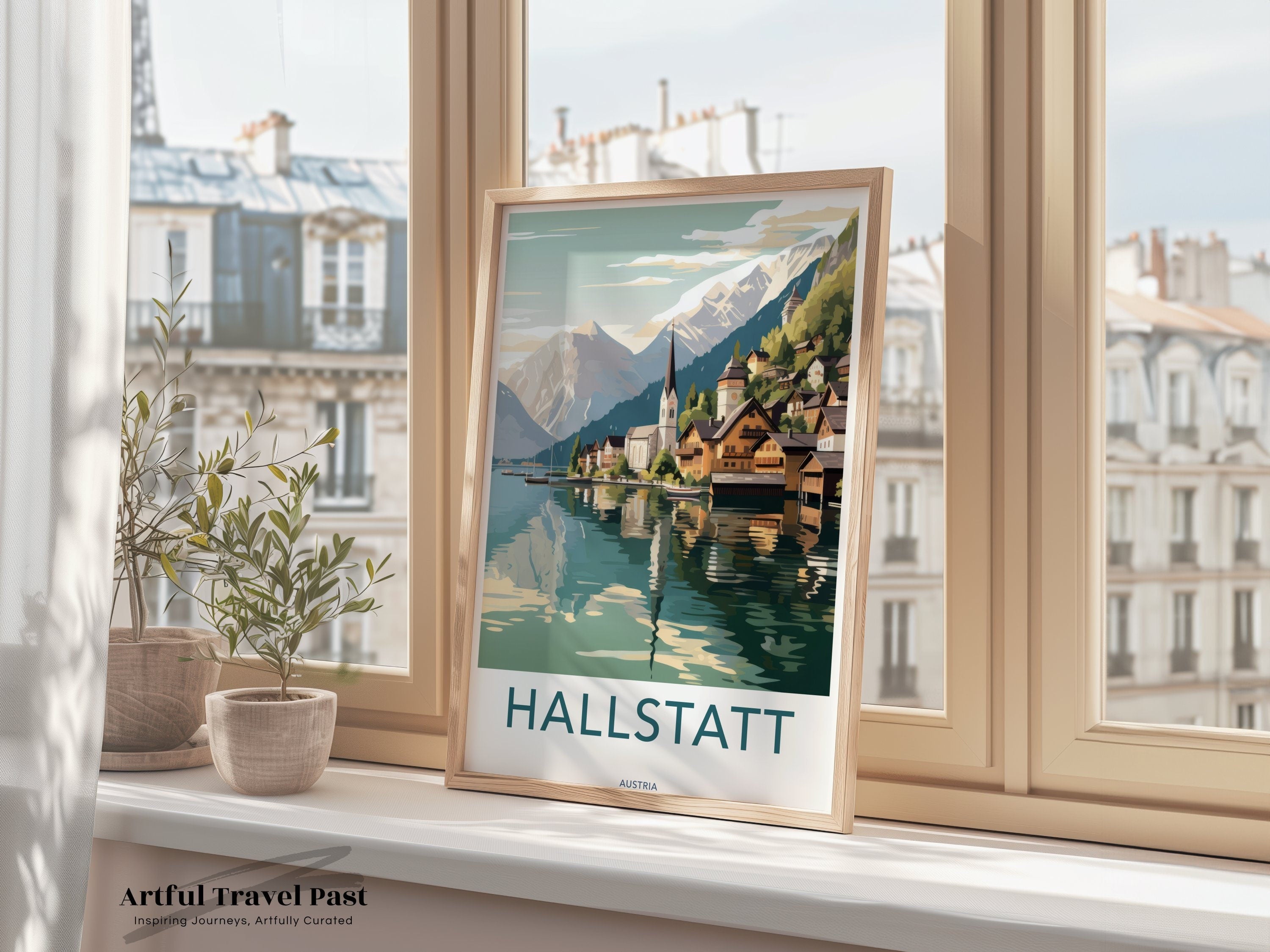 Hallstatt Austria Framed Poster, Scenic Village Landscape Wall Art, Charming Lake Reflection, European Travel Decor, Beautiful Mountain View