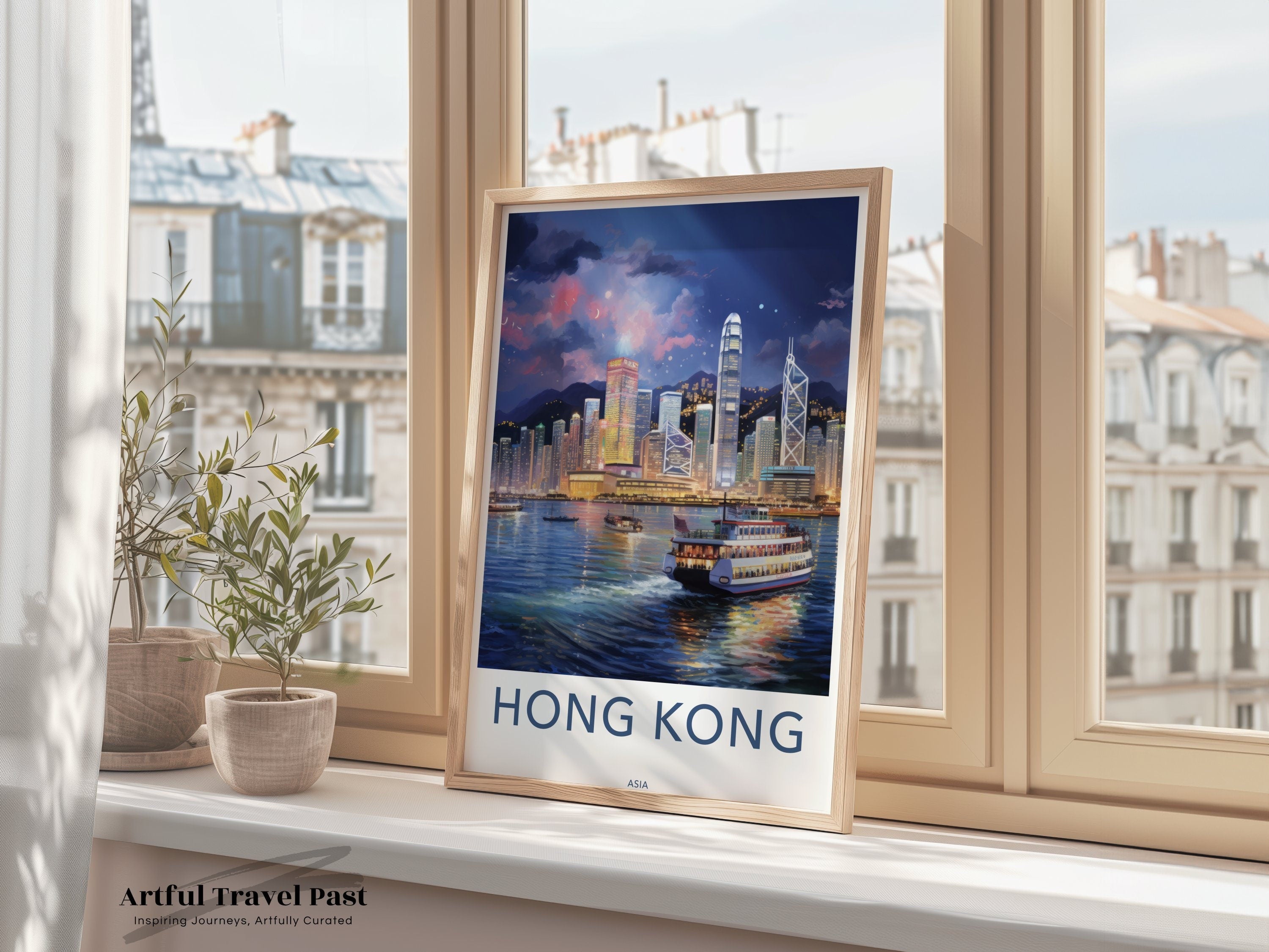 Hong Kong Framed Poster, Stunning Cityscape Wall Art, Skyline Decor, Illuminated Night Scene, High-Rise Buildings, Harbor View