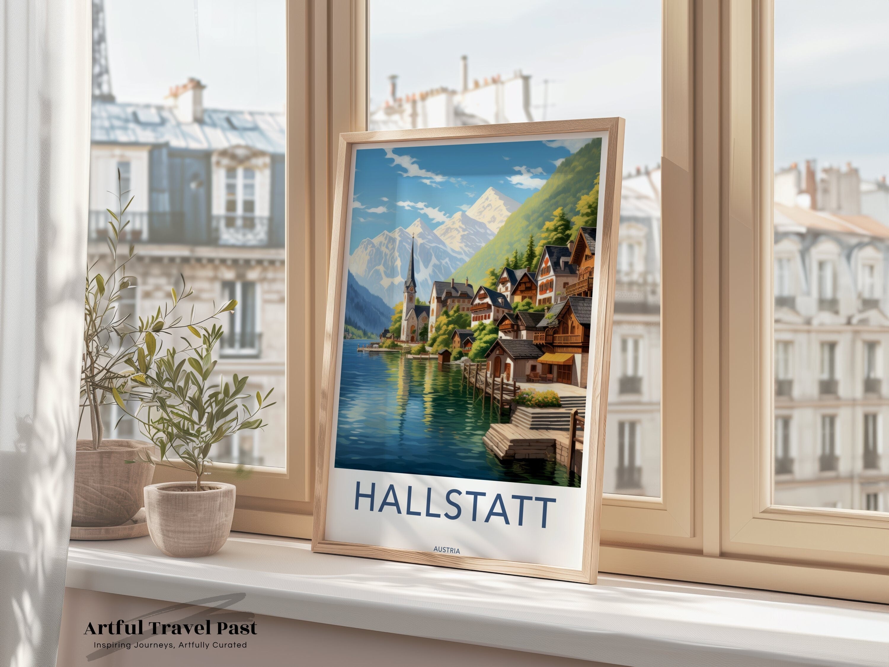 Hallstatt Austria Framed Poster, Hallstatt Alpine Village Art, Lakeside Town Framed Wall Art, Scenic Landscape Wall Decor