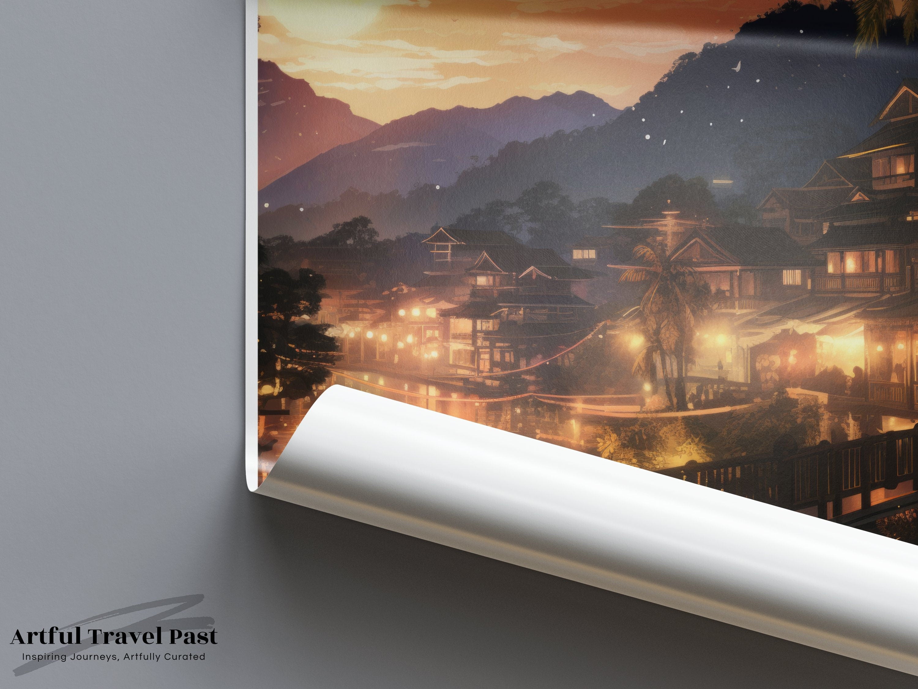 Luang Prabang Wall Art, Sunset Over Cultural Heritage, Scenic Landscape Poster, Lao Architectural Wonders, Tranquil River View