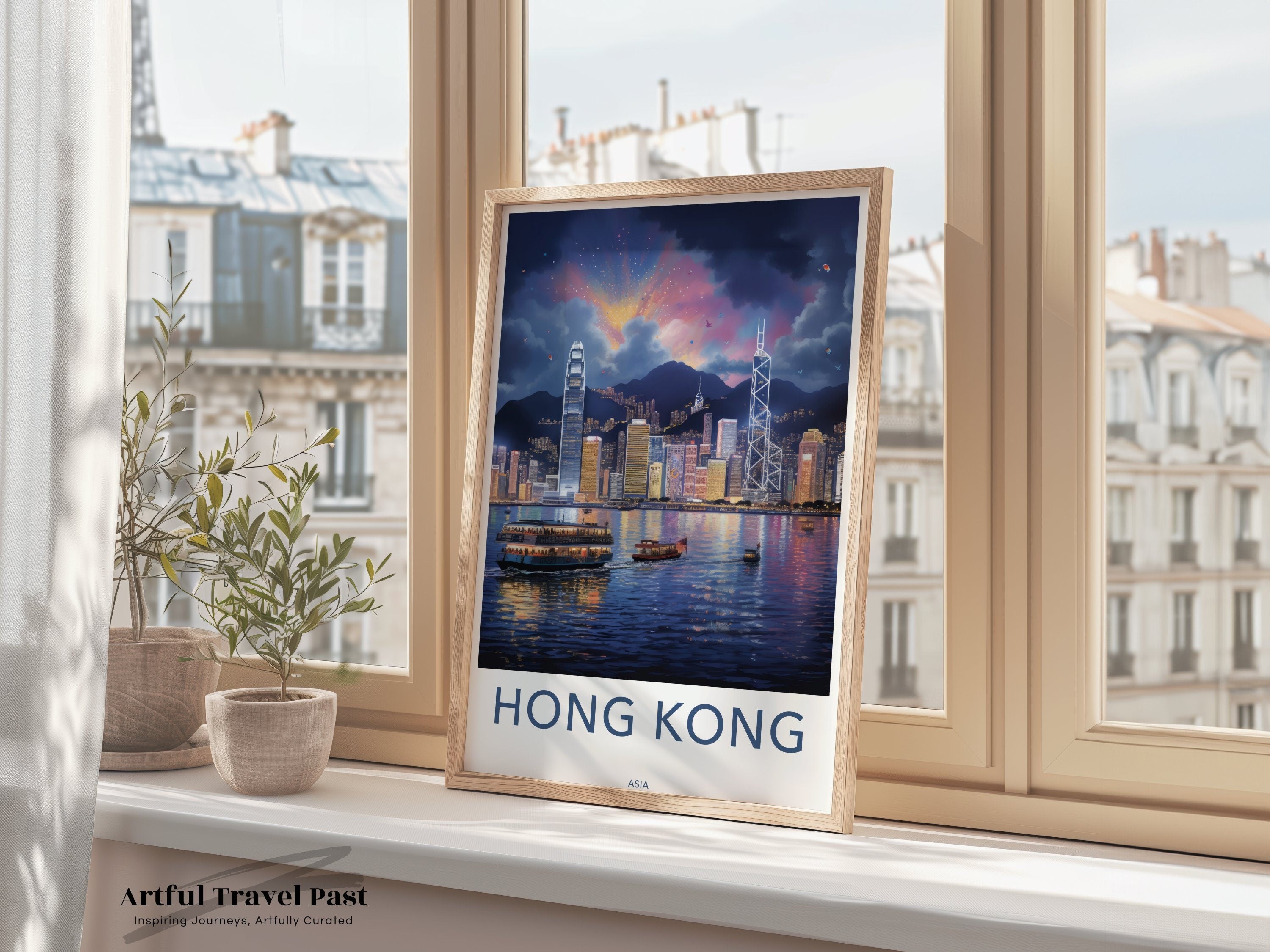 Hong Kong Framed Poster, Skyline Wall Art, Cityscape Night View, Modern Home Decor, Asia Travel Souvenir, Urban Landscape Print