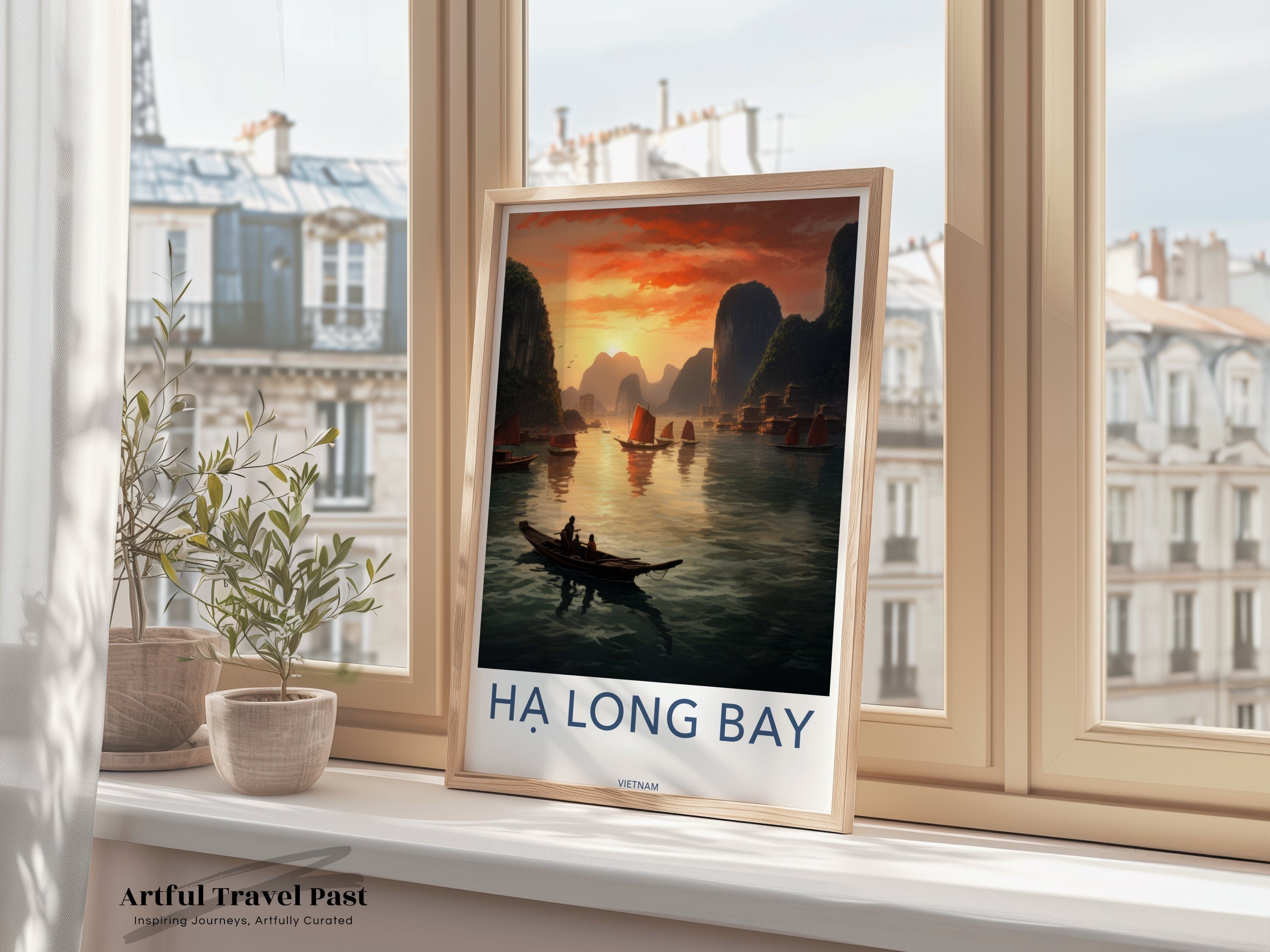 Ha Long Bay Framed Poster, Sunset Over Ha Long Bay Wall Art, Vietnamese Landscape Print, Scenic Coastal Decor, Room Aesthetic