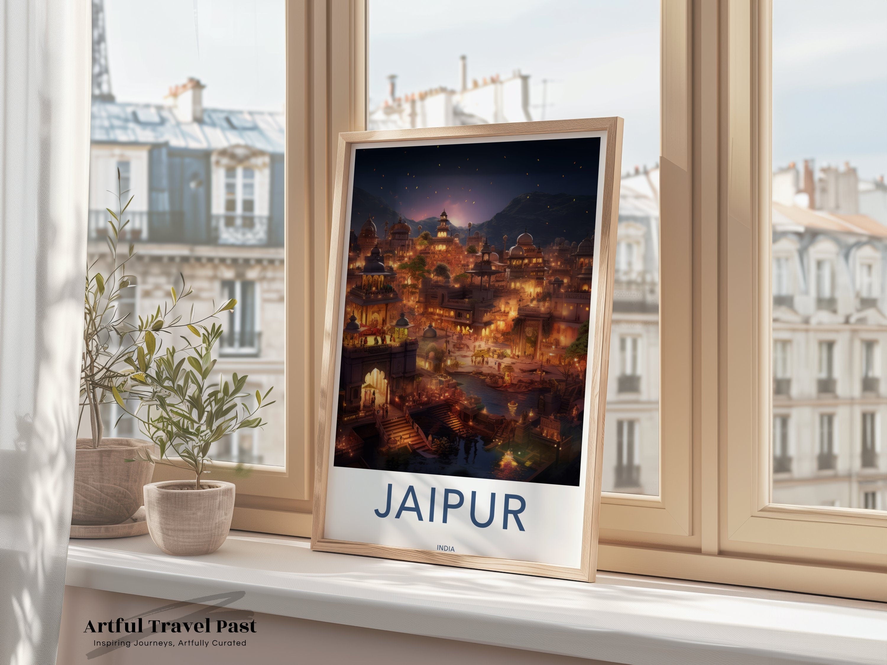 Jaipur Cityscape Framed Poster, Historical and Cultural Wall Art, Illuminated Night View Decor, Perfect Gift for Home or Office