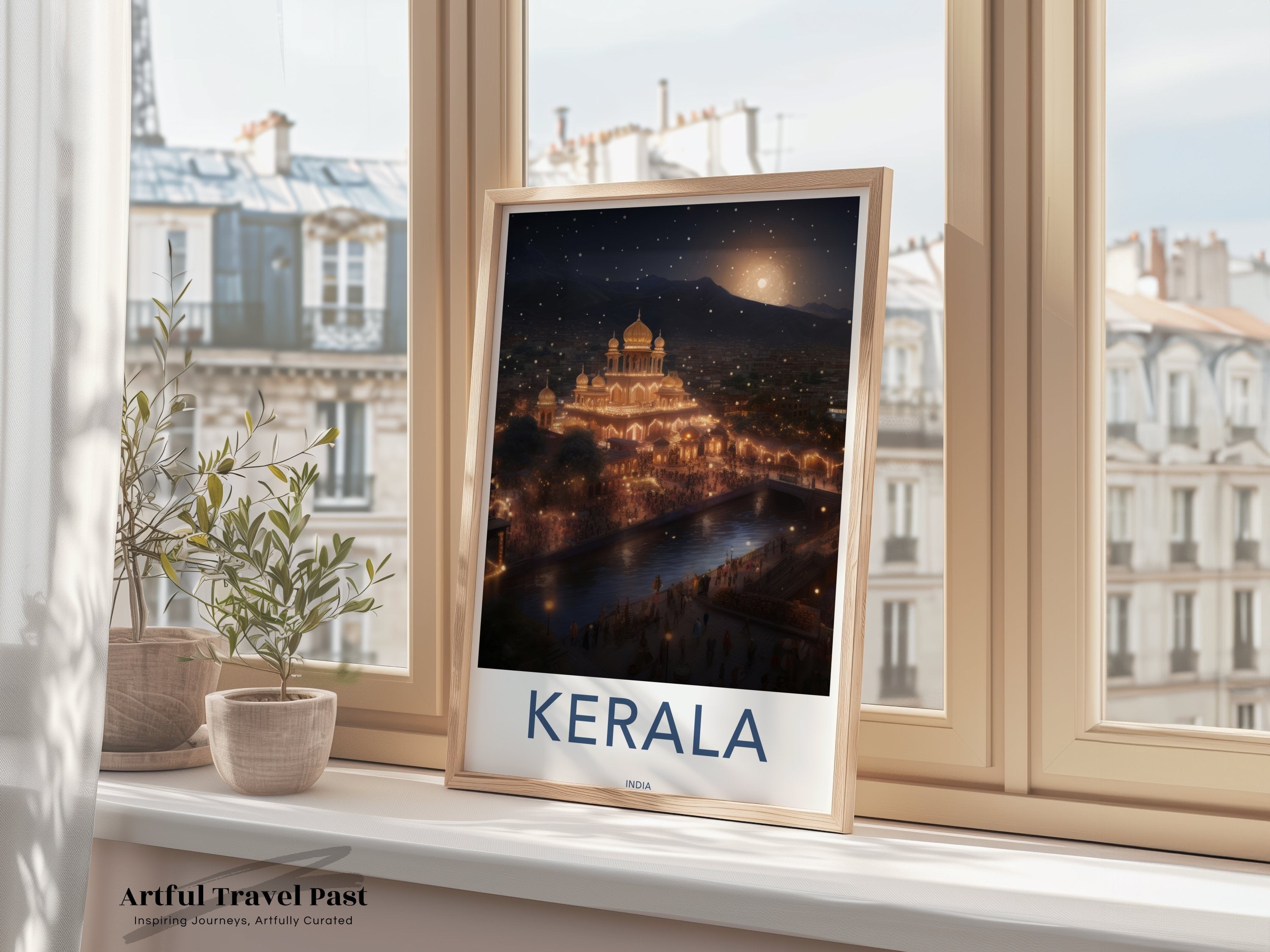 Kerala India Wall Art Print, Nighttime Artwork with Illuminated Temple, Cultural Landmark Decor, Indian Heritage Poster, Scenic View