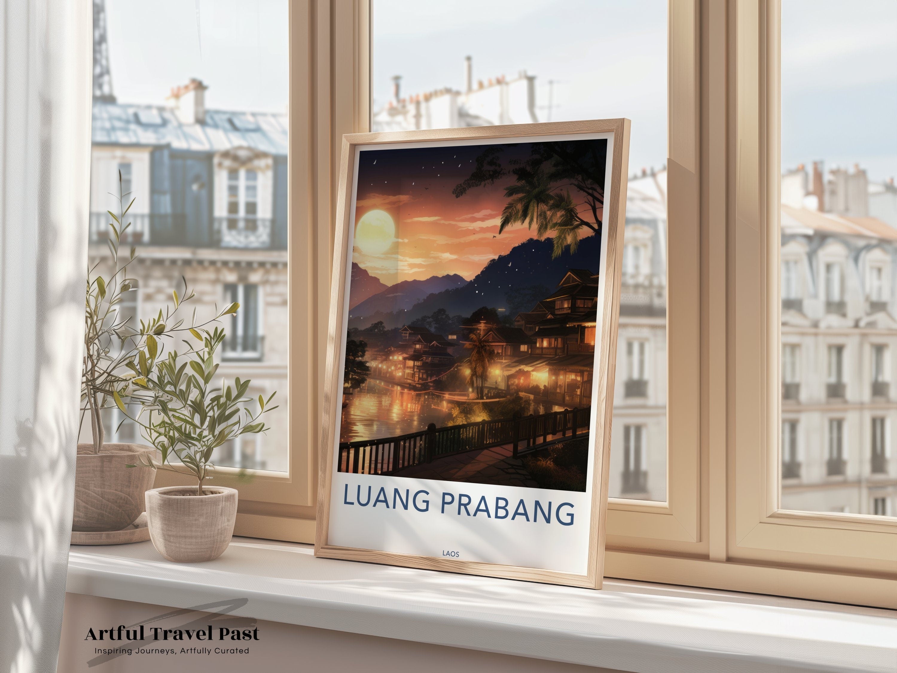 Luang Prabang Wall Art, Sunset Over Cultural Heritage, Scenic Landscape Poster, Lao Architectural Wonders, Tranquil River View