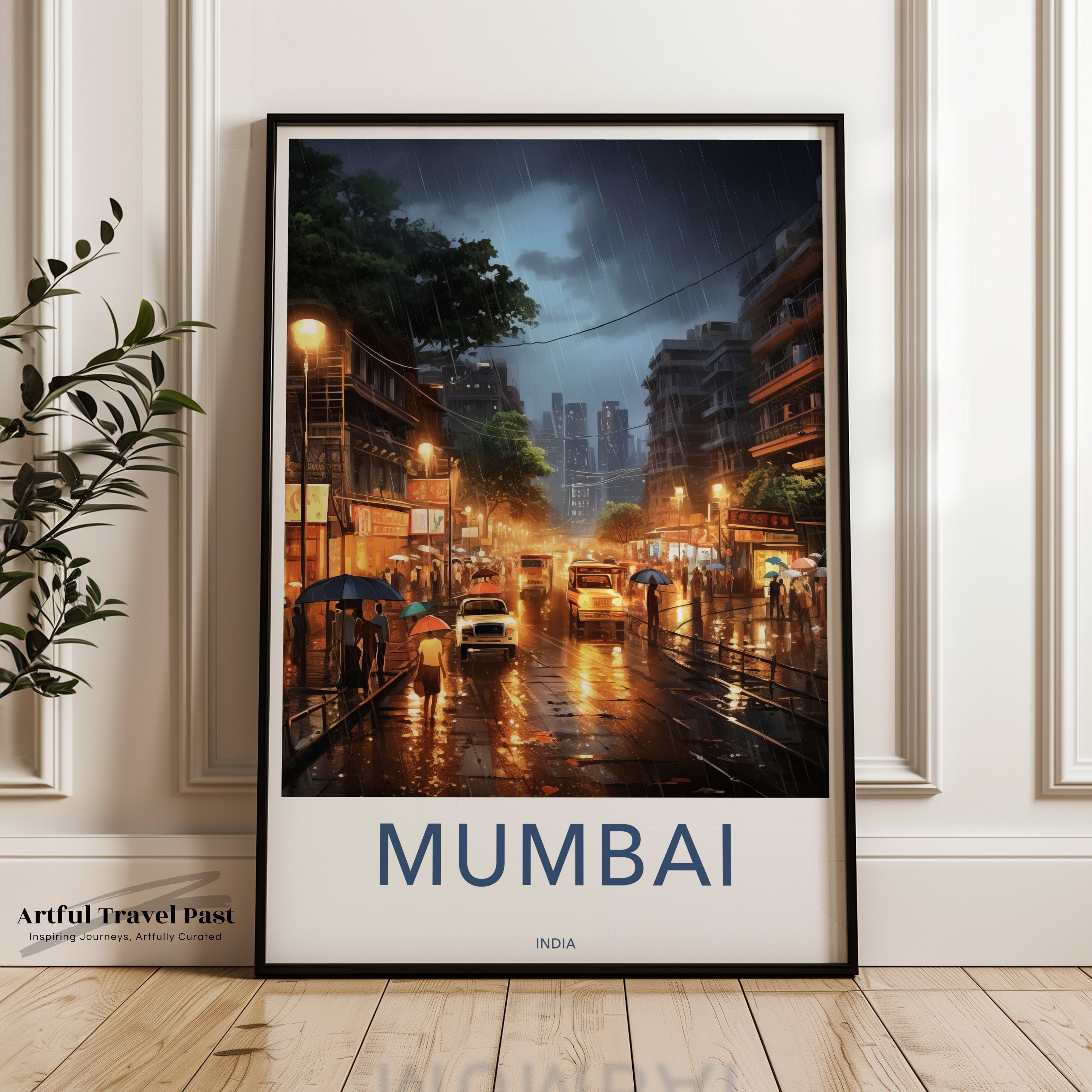 Mumbai Wall Art, Urban Street Scene, Modern Cityscape, Rainy Night Print, Indian Architecture, Vibrant City Life, Home Decor