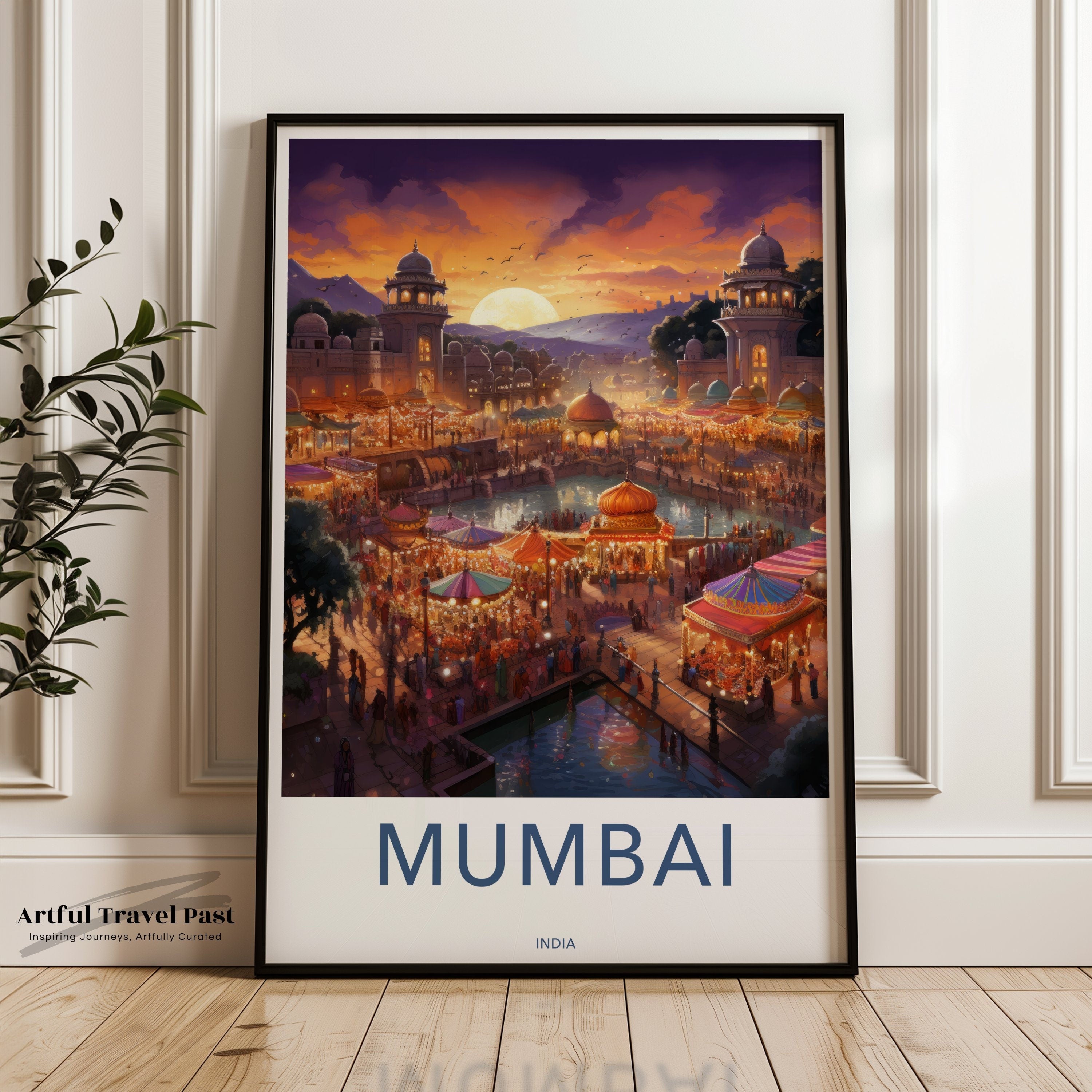 Vibrant Mumbai India Wall Art, Sunset Over Historical Architecture, Illuminated Market Scene, Colorful Festival, Cultural Landmarks