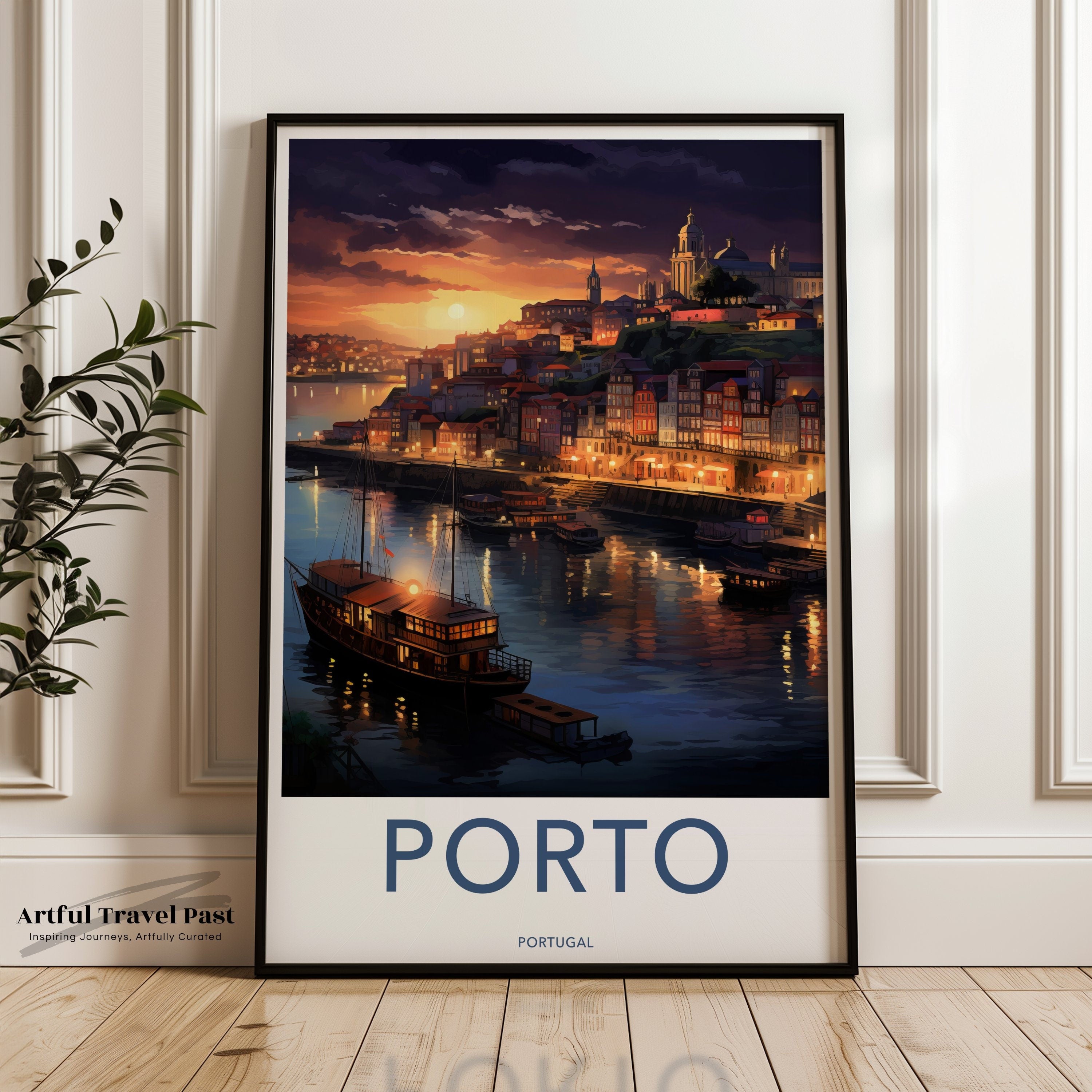 Porto Portugal Vintage Travel Poster, Porto Nightscape Wall Art, Stunning Porto River View, Porto Cityscape Illustration