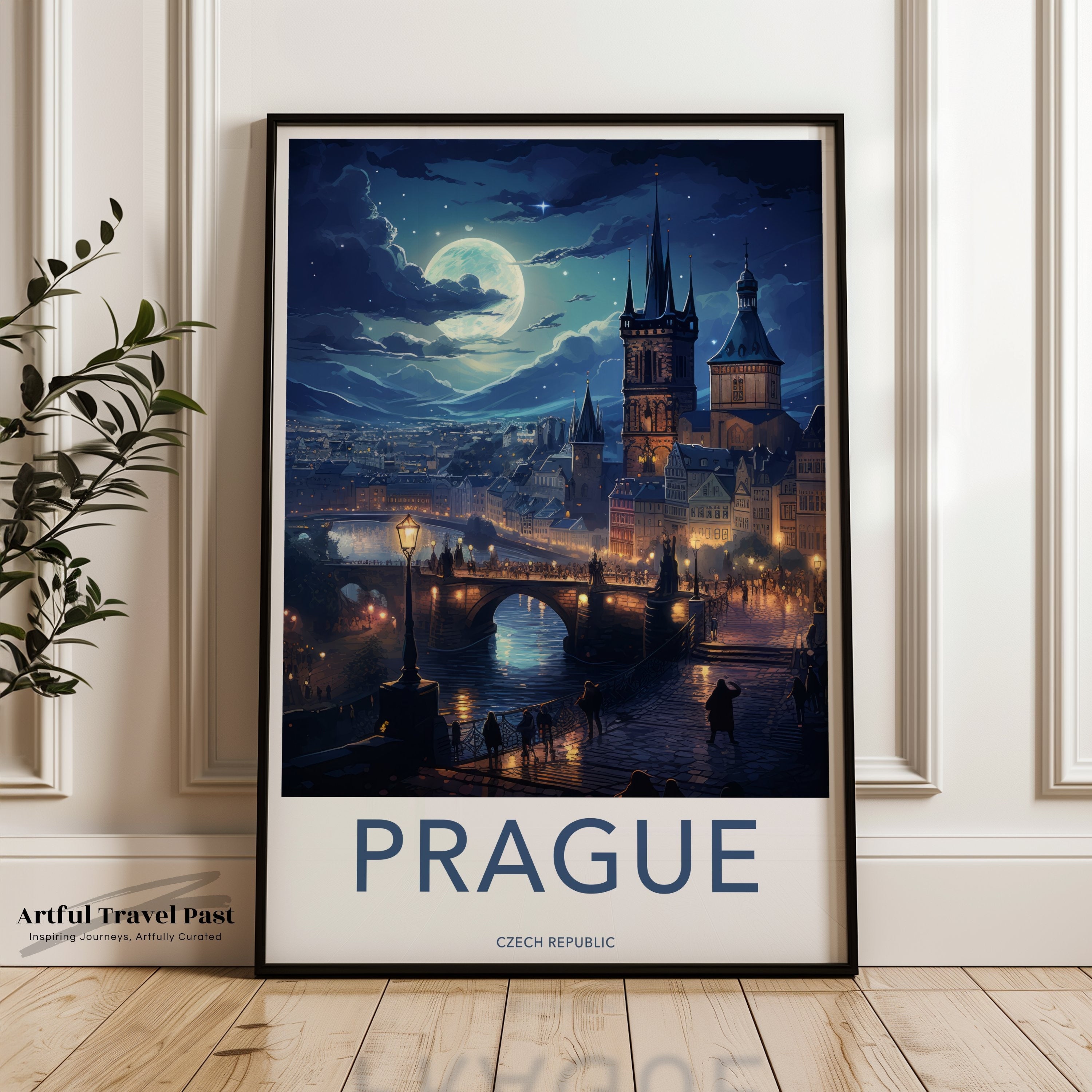 Prague Wall Art, Nighttime Cityscape Print, Art Deco Poster, Gothic Architecture, Home Decor, European Travel, Illuminated Skyline