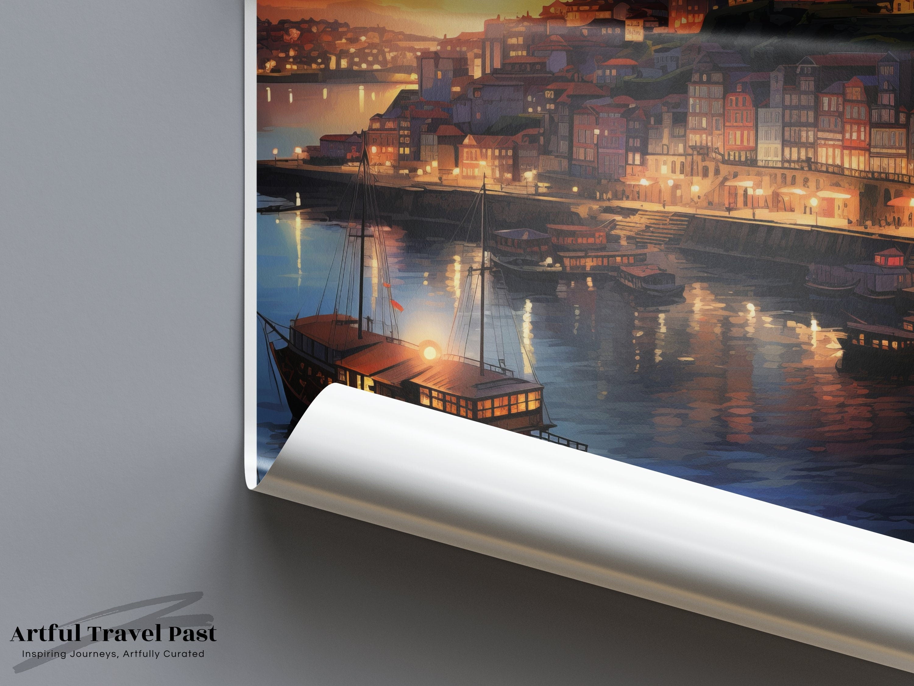 Porto Portugal Vintage Travel Poster, Porto Nightscape Wall Art, Stunning Porto River View, Porto Cityscape Illustration