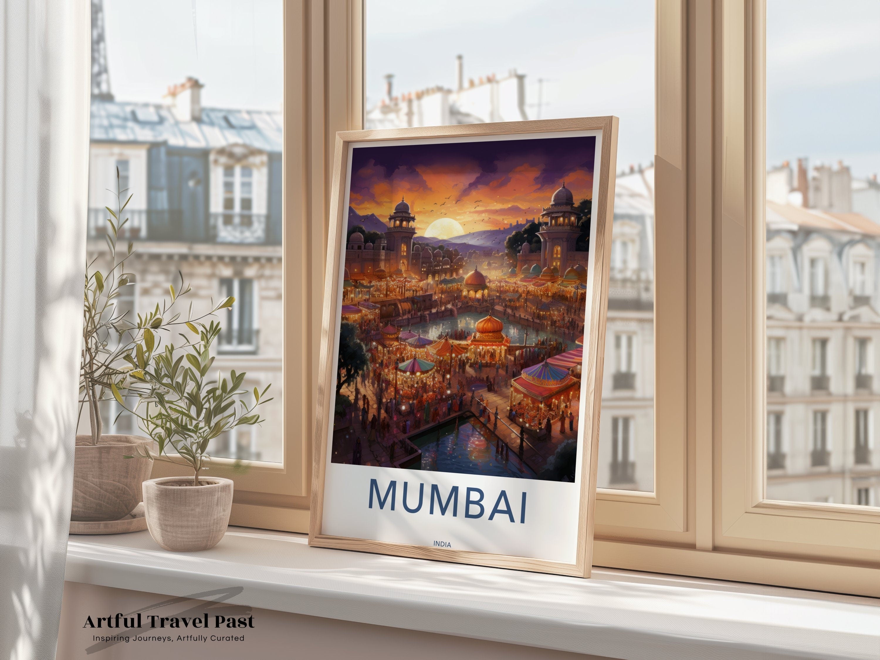 Vibrant Mumbai India Wall Art, Sunset Over Historical Architecture, Illuminated Market Scene, Colorful Festival, Cultural Landmarks