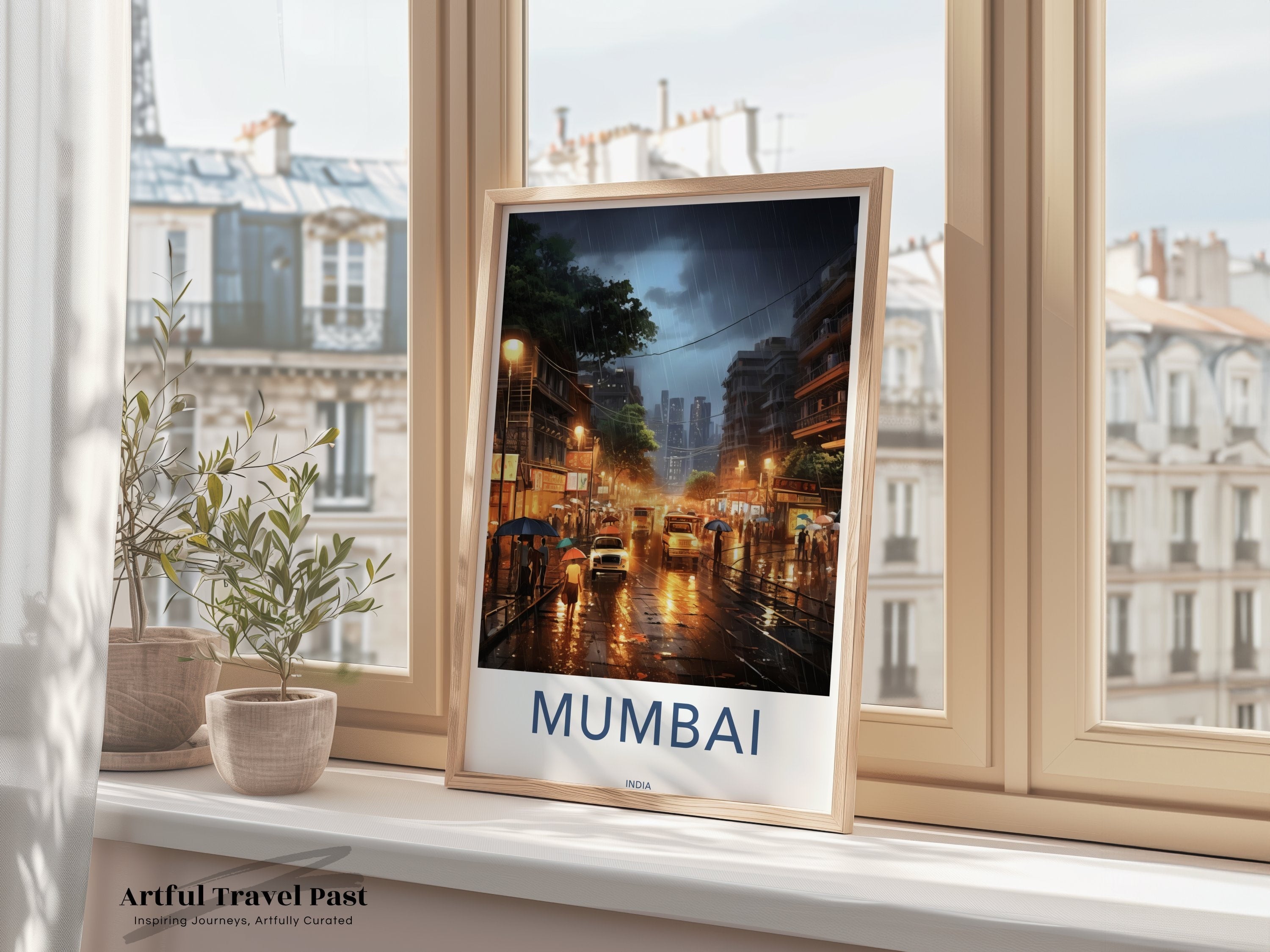 Mumbai Wall Art, Urban Street Scene, Modern Cityscape, Rainy Night Print, Indian Architecture, Vibrant City Life, Home Decor