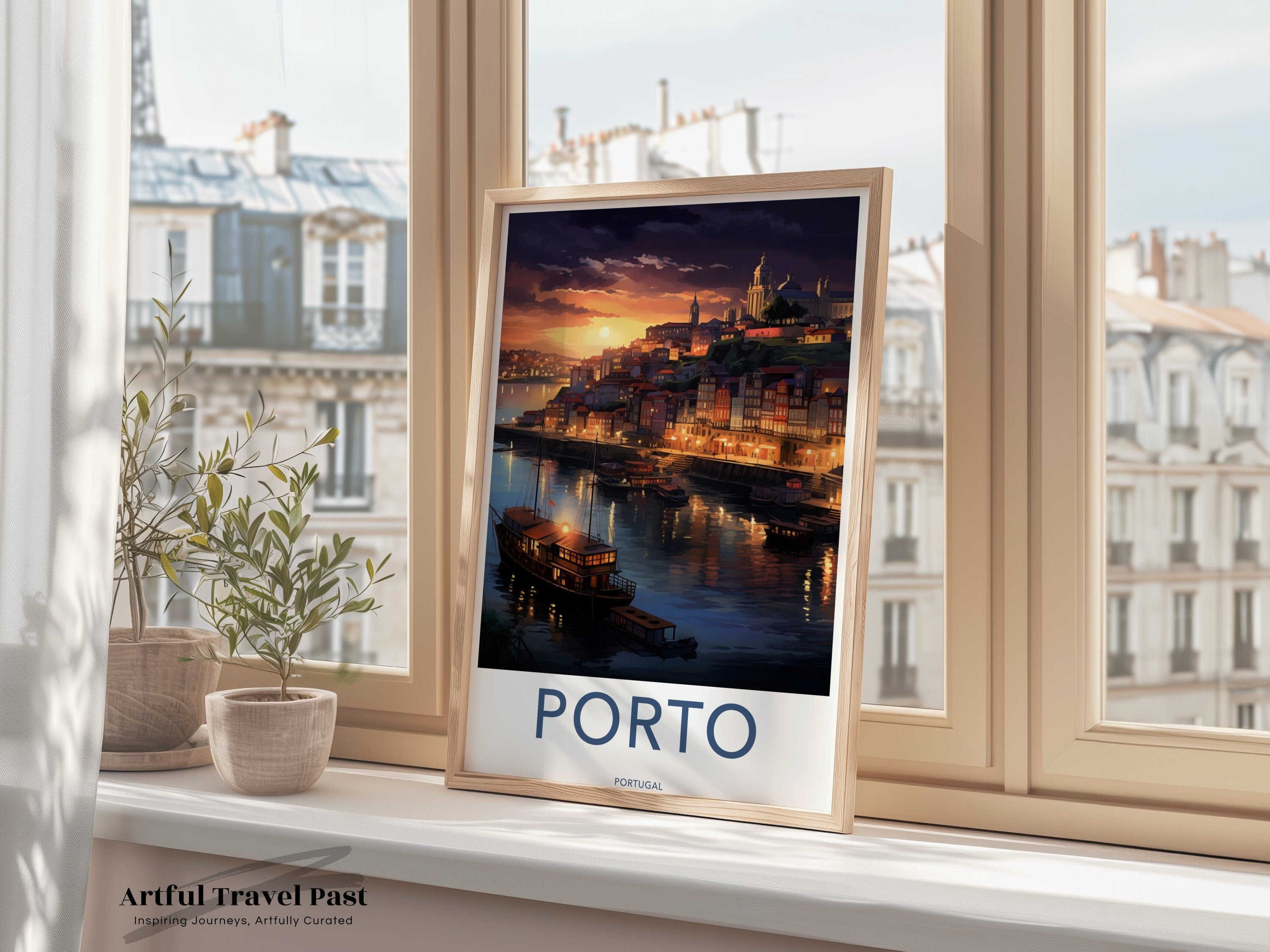 Porto Portugal Vintage Travel Poster, Porto Nightscape Wall Art, Stunning Porto River View, Porto Cityscape Illustration