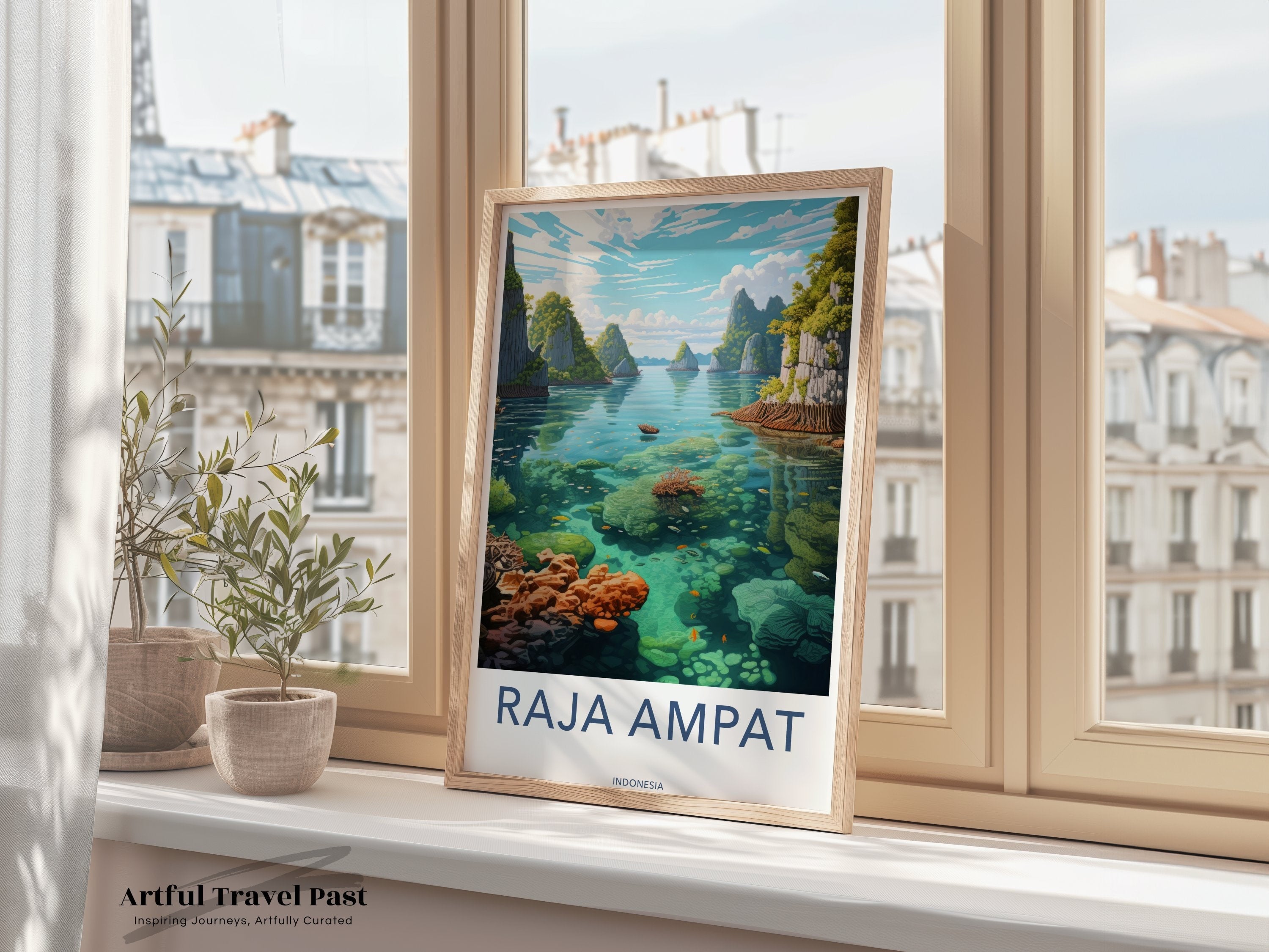 Raja Ampat wall art, Indonesia nature print, tropical paradise decor, coastal landscape illustration, oceanic view poster, island scenery