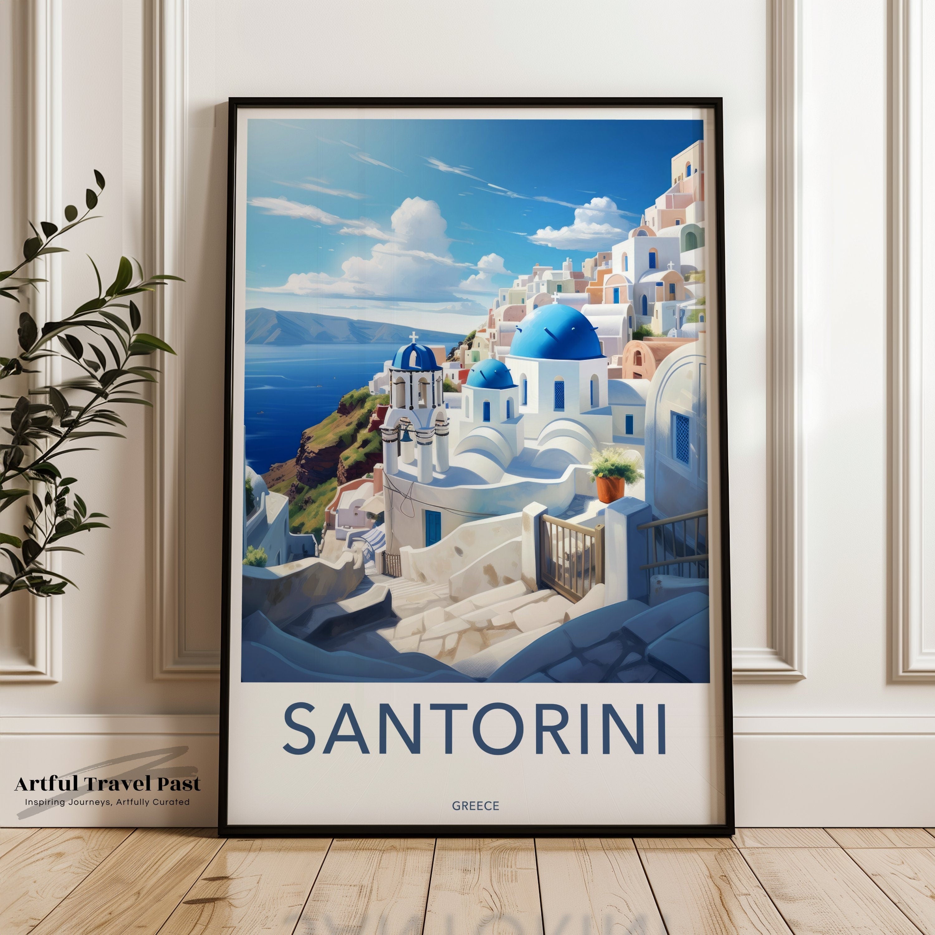 Santorini Greece Travel Poster, Modern Wall Art, Scenic Greek Island Print, Blue Dome Architecture, Coastal Decor, Vacation Souvenir