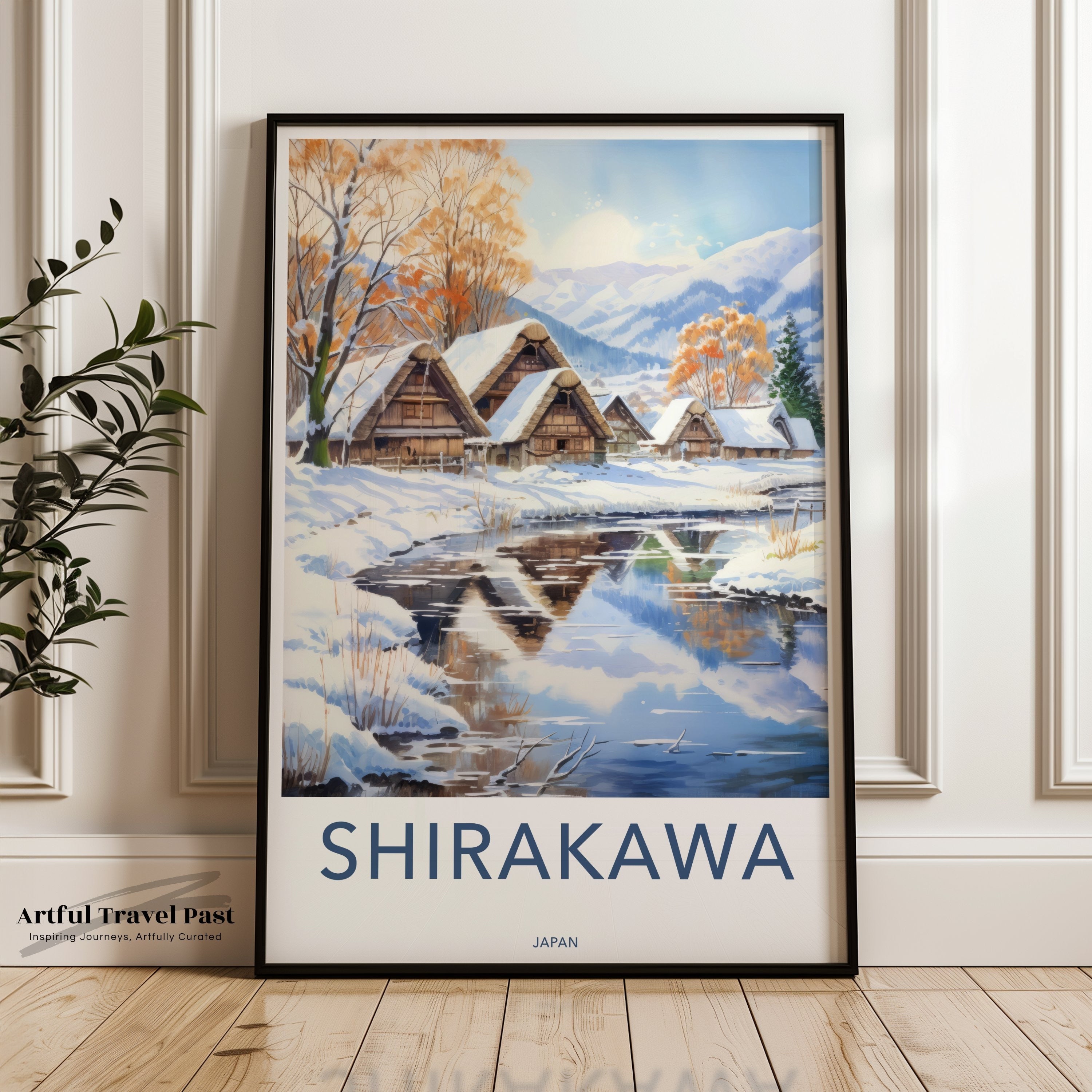 Shirakawa Japan Winter Village Scene, Snowy Landscape Wall Art, Traditional Japanese Houses, Serene Reflection Print, Nature Poster