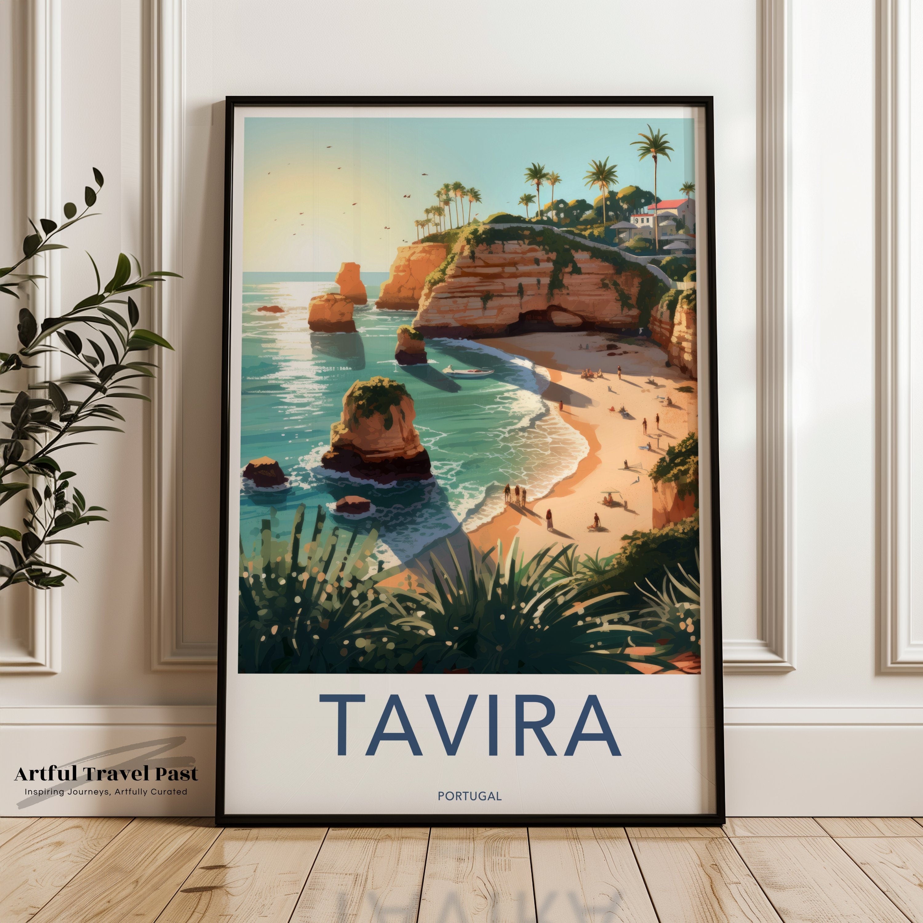 Tavira Wall Art, Portugal Coastal Print, Beach Landscape Art, Algarve Travel Poster, Scenic Ocean View, Vibrant Sunset Illustration