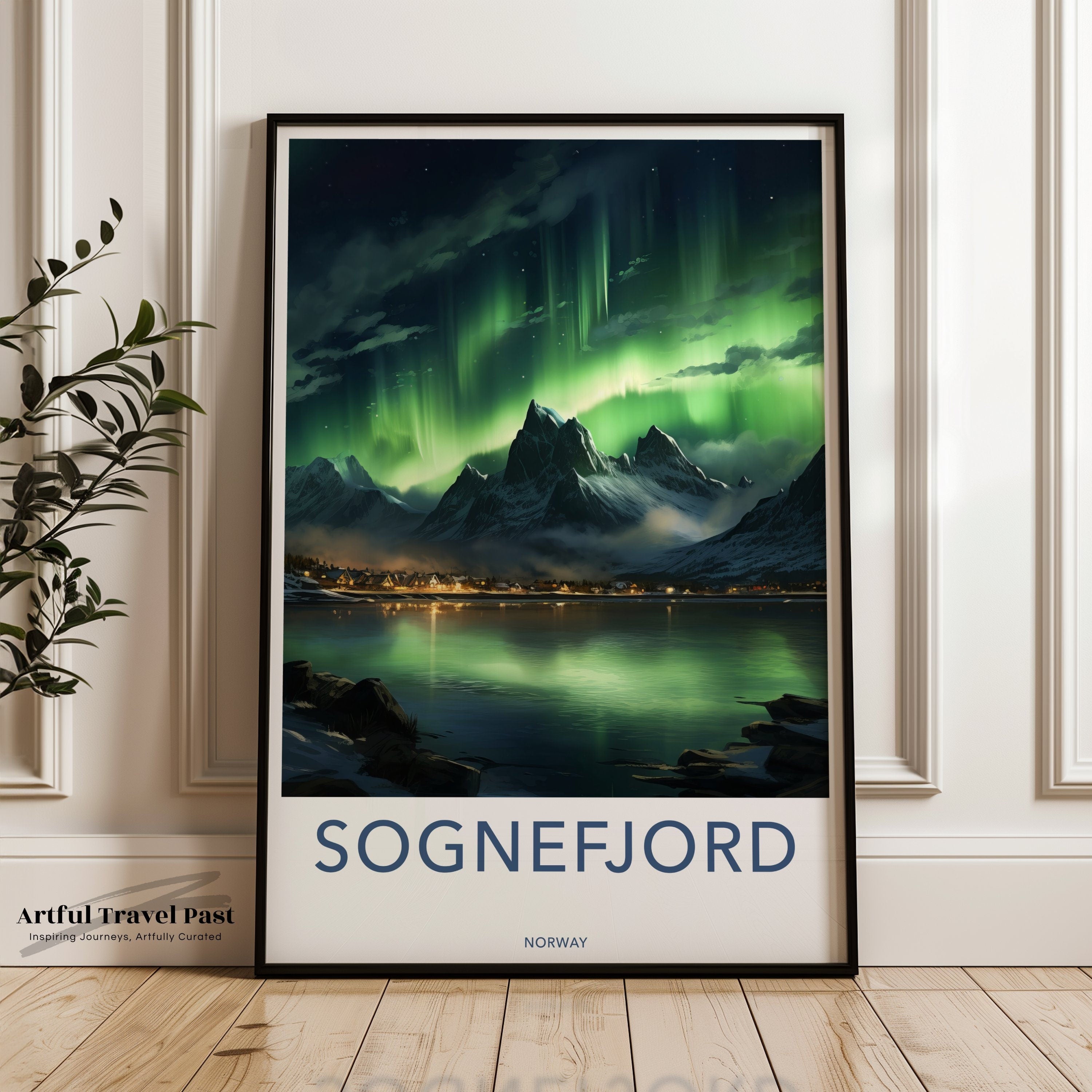 Sognefjord Norway Northern Lights Wall Art, Scandinavian Landscape Poster, Aurora Borealis Art Print, Mountain Lake Decor