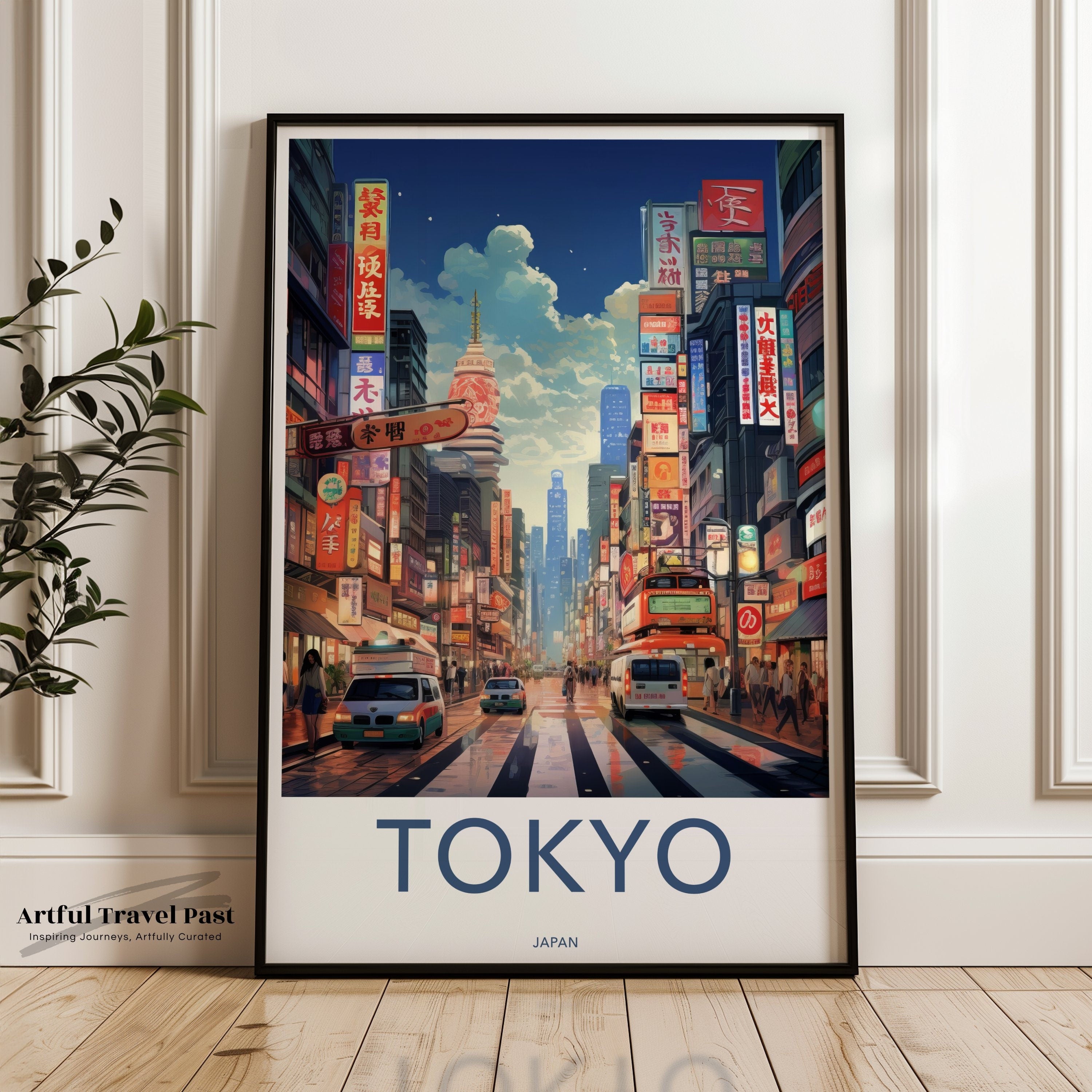 Tokyo cityscape wall art, vibrant downtown print, bustling street scene decor, colorful urban poster, city lights artwork, skyline