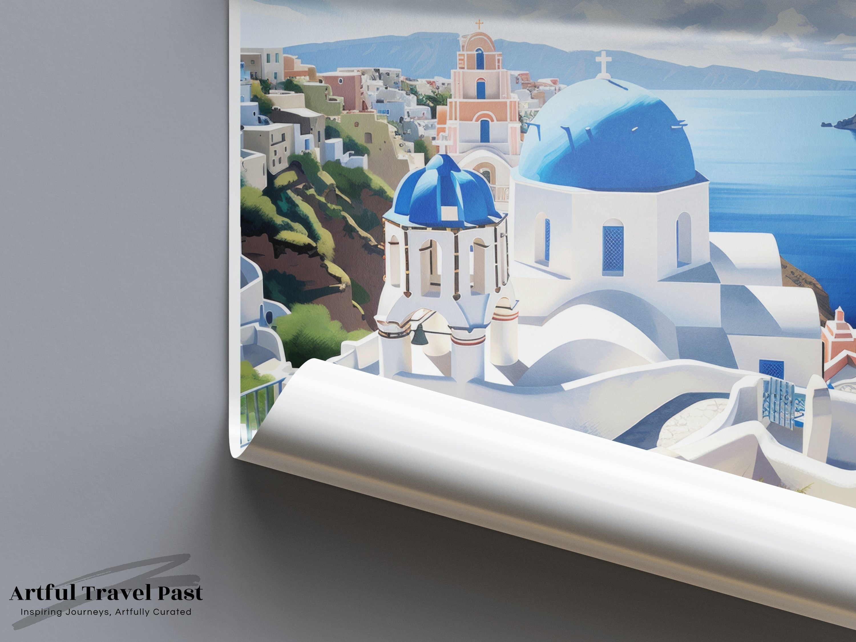 Santorini Greece Wall Art, Travel Poster, Greek Island Print, Mediterranean Decor, Coastal Art, Blue Dome Santorini Art, Home Decor